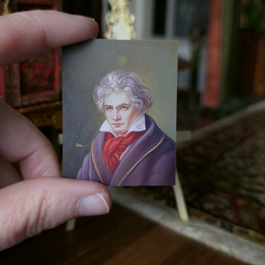Antique Beethoven Hand Painted Portrait Miniature on Ivory Wafer 1:12 Scale
