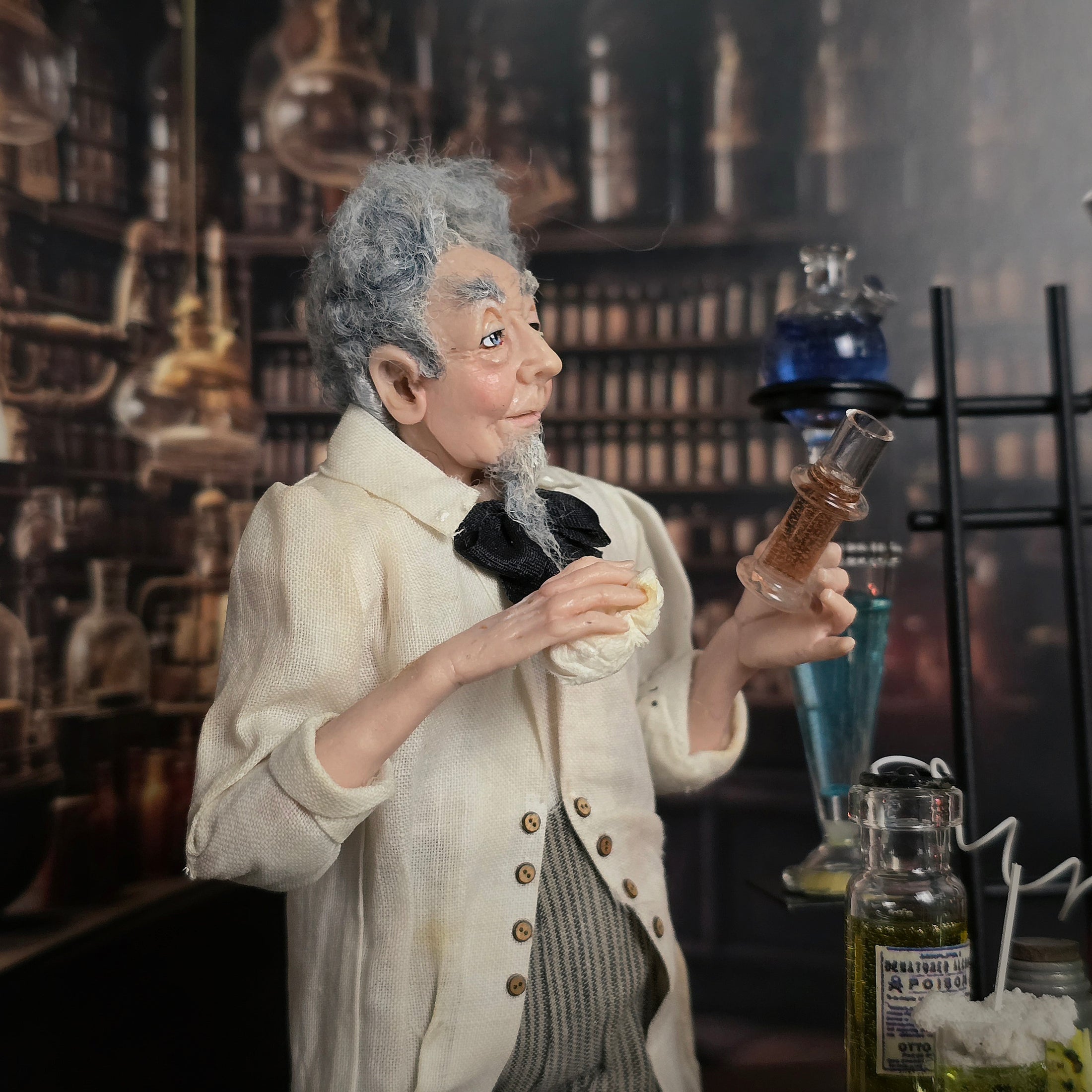 OOAK Scientist Doll by Marcia Backstrom & Illuminated Laboratory Set