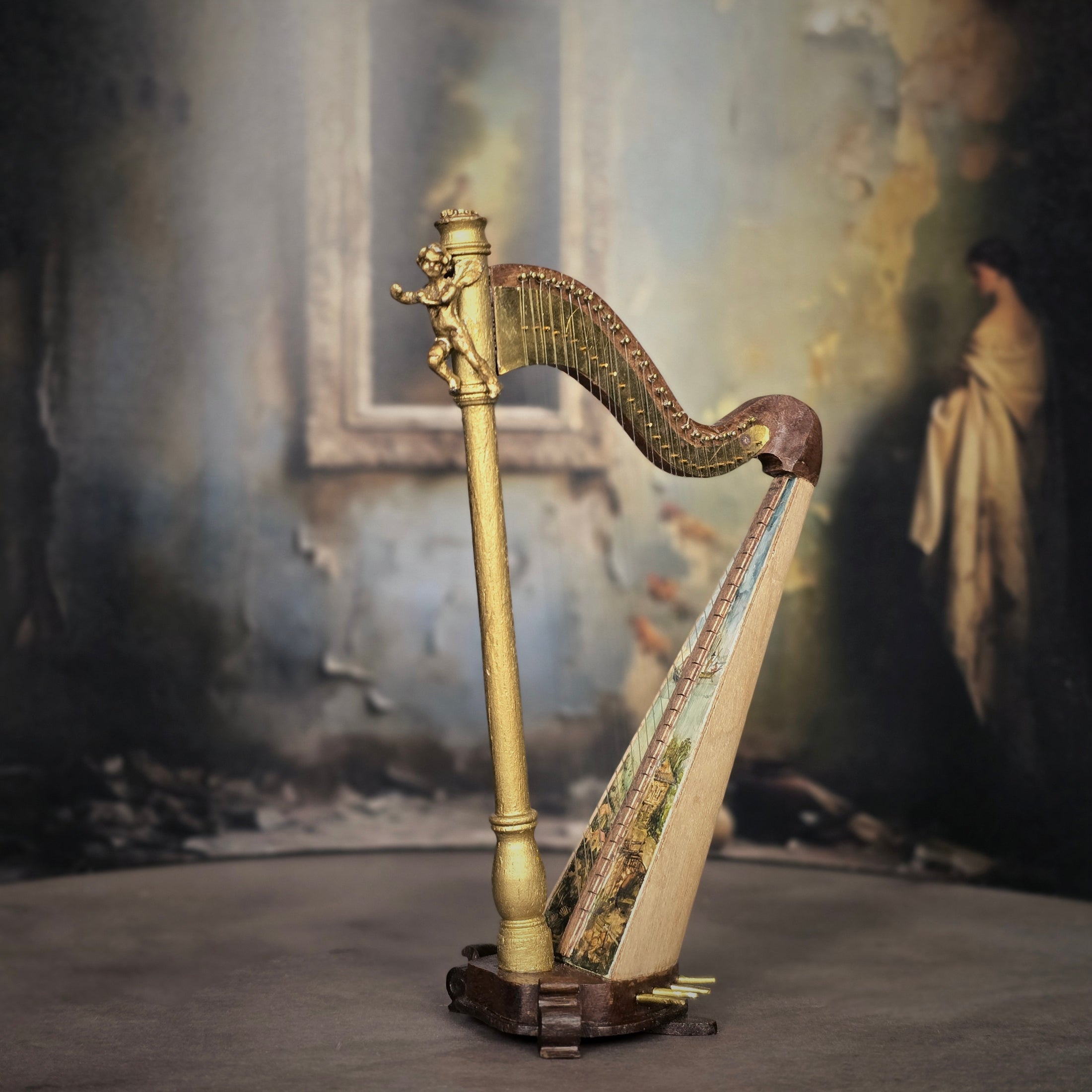 Janet Reyburn Miniature Cherubic Harp Artisan Dollhouse Musical Instrument