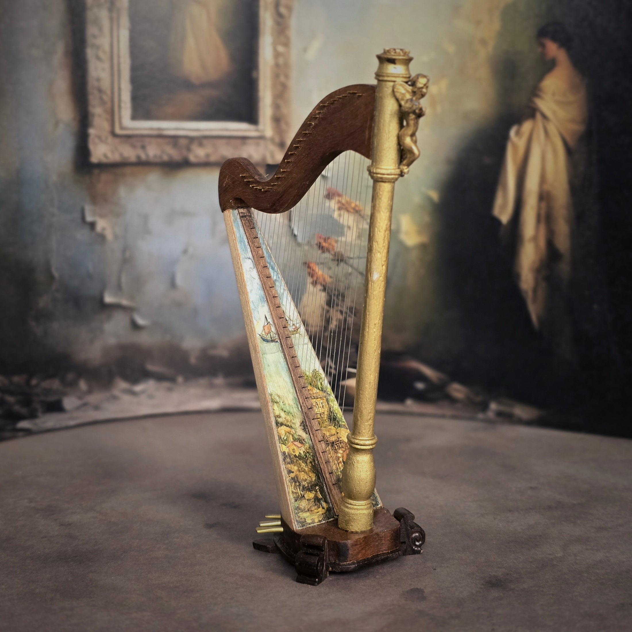 Janet Reyburn Miniature Cherubic Harp Artisan Dollhouse Musical Instrument