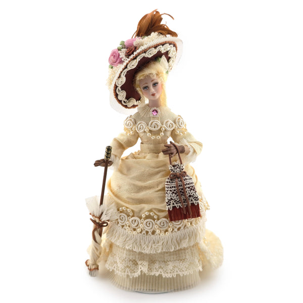 Miniature Rose Victorian Lady Porcelain Dollhouse Doll w Hat & Parasol