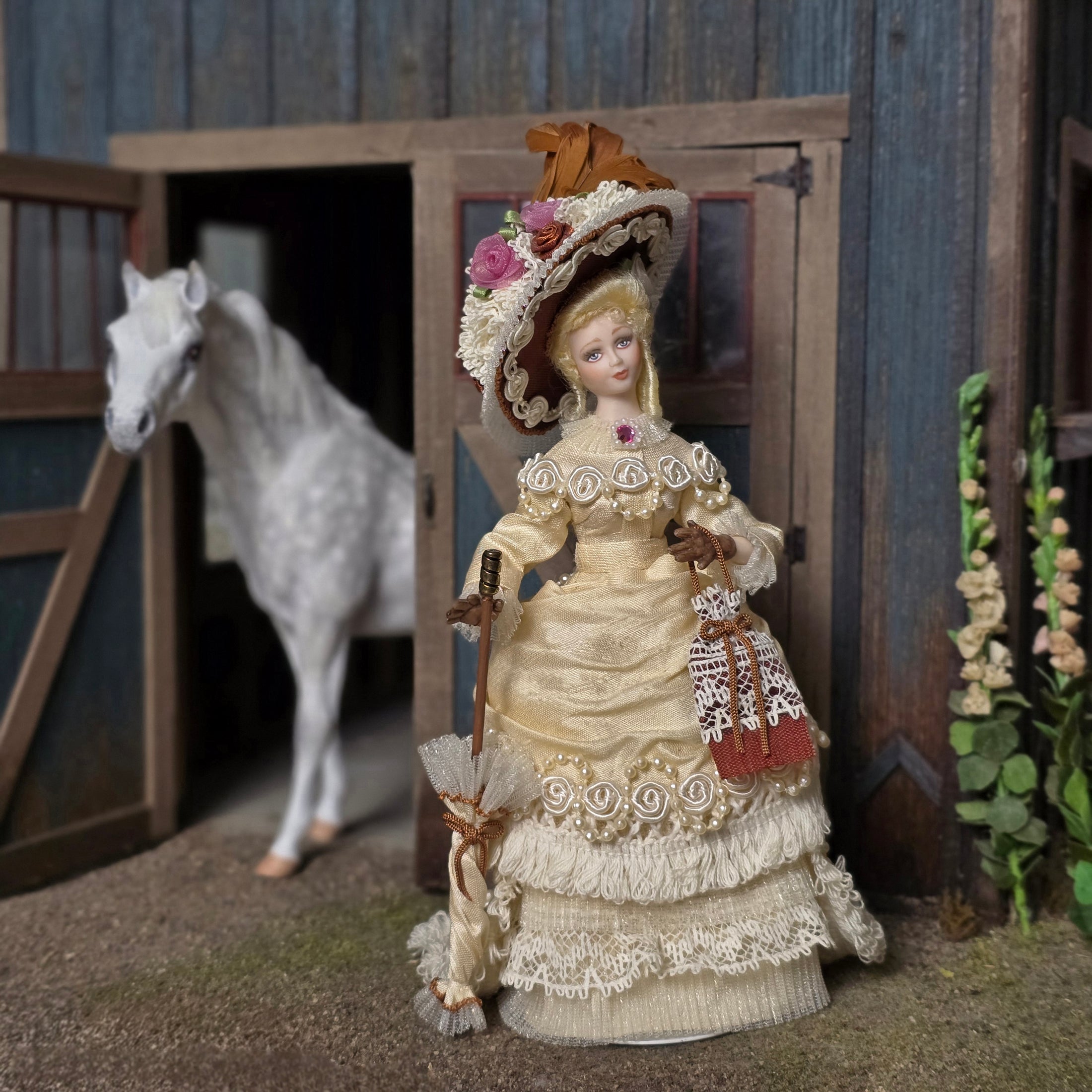 Miniature Rose Victorian Lady Porcelain Dollhouse Doll w Hat & Parasol