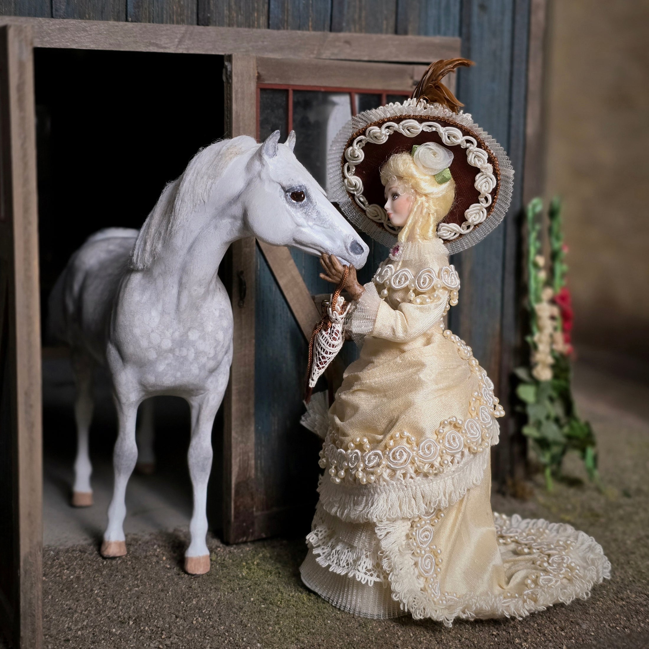 Miniature Rose Victorian Lady Porcelain Dollhouse Doll w Hat & Parasol