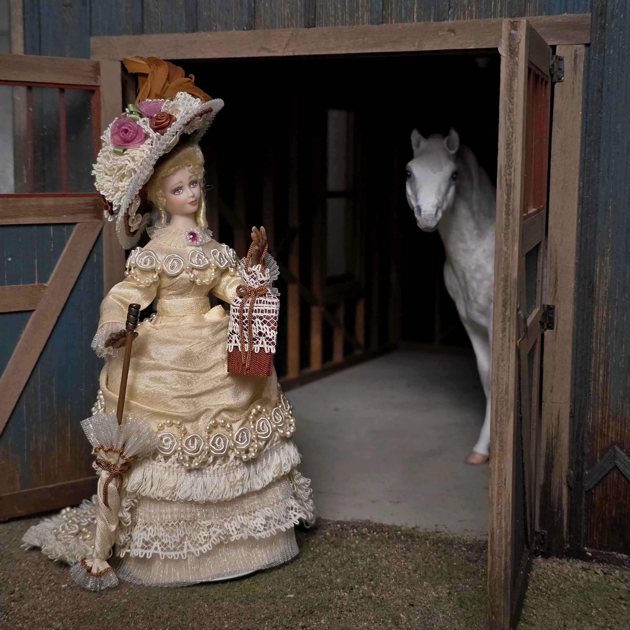 Miniature Rose Victorian Lady Porcelain Dollhouse Doll w Hat & Parasol