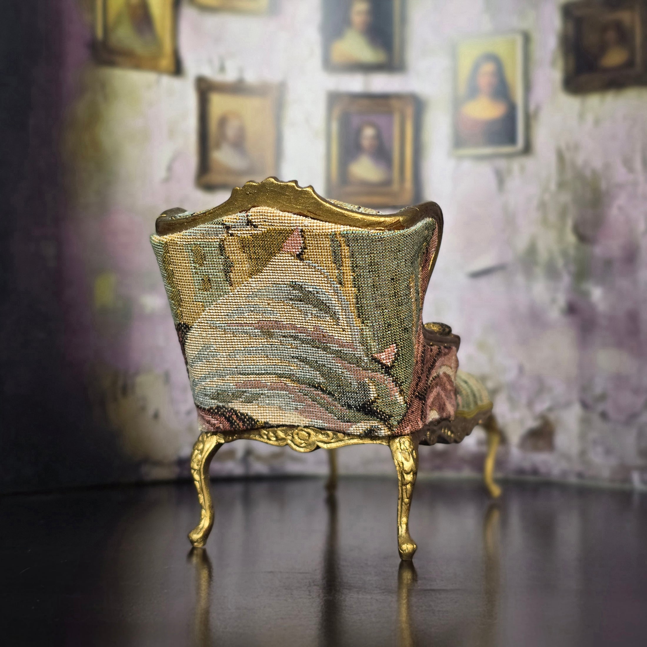 OOAK Gilt Needlepoint Upholstered Chaise Lounge Dollhouse Miniature