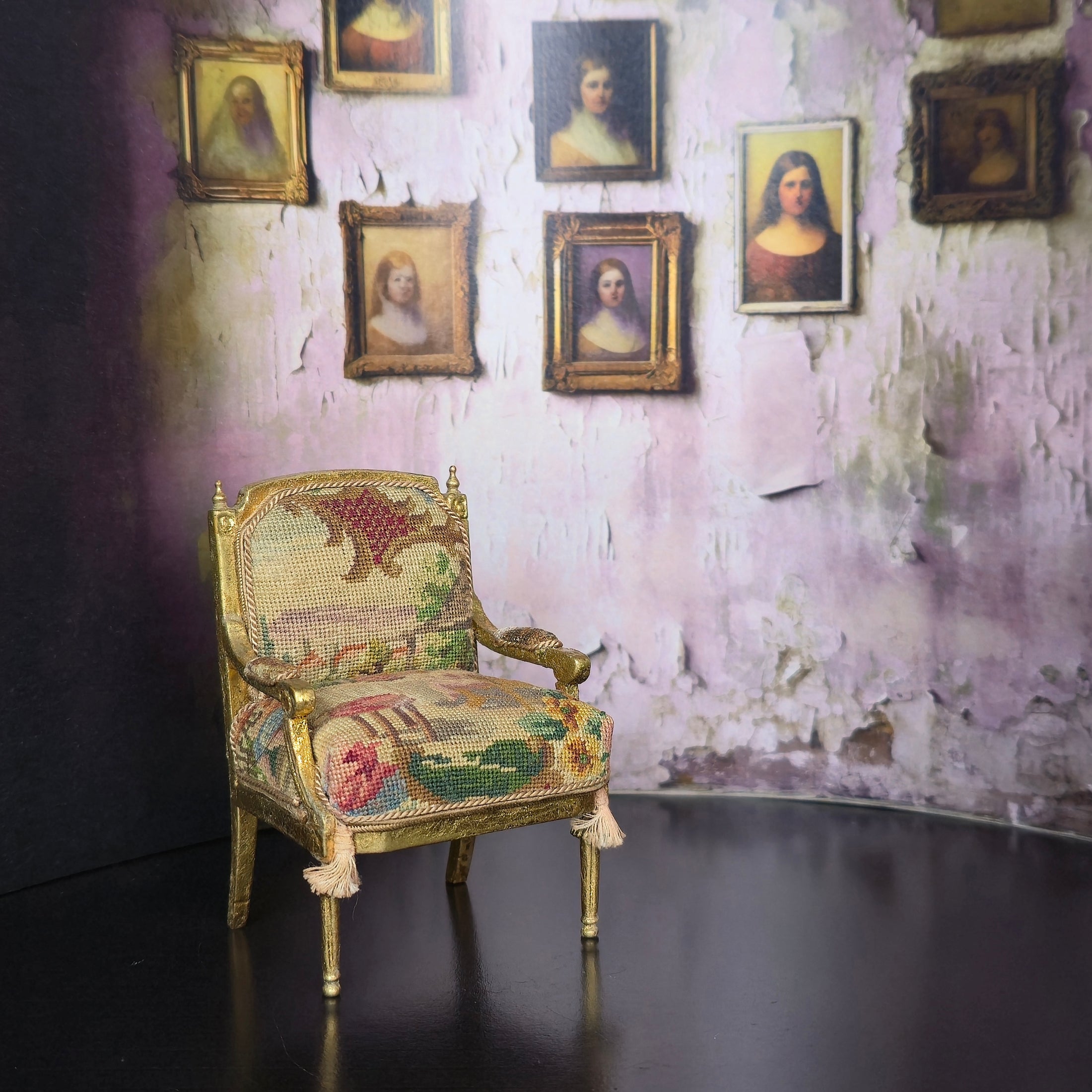 June Clinkscales Petit Point Gilt Armchair Dollhouse Miniature