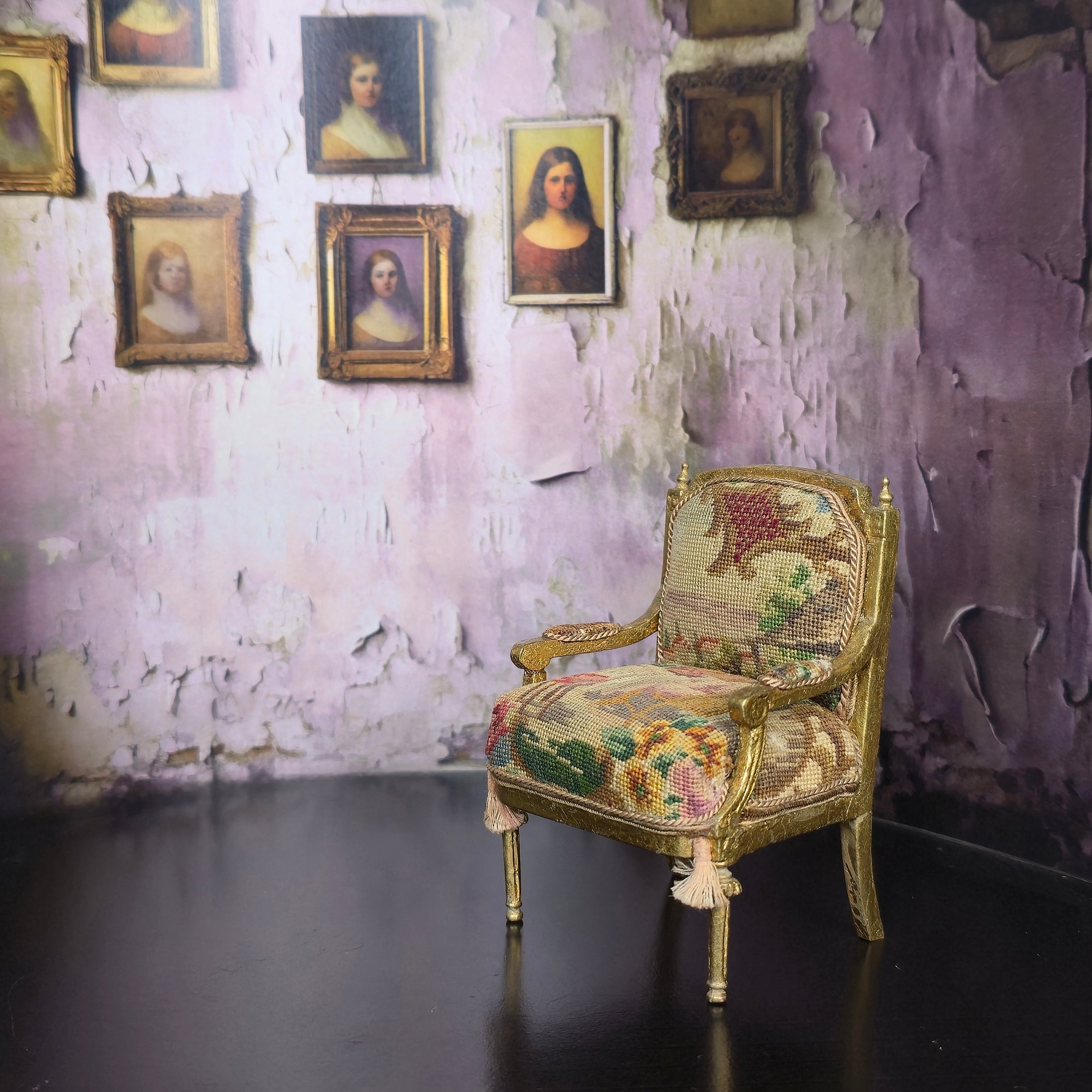 June Clinkscales Petit Point Gilt Armchair Dollhouse Miniature
