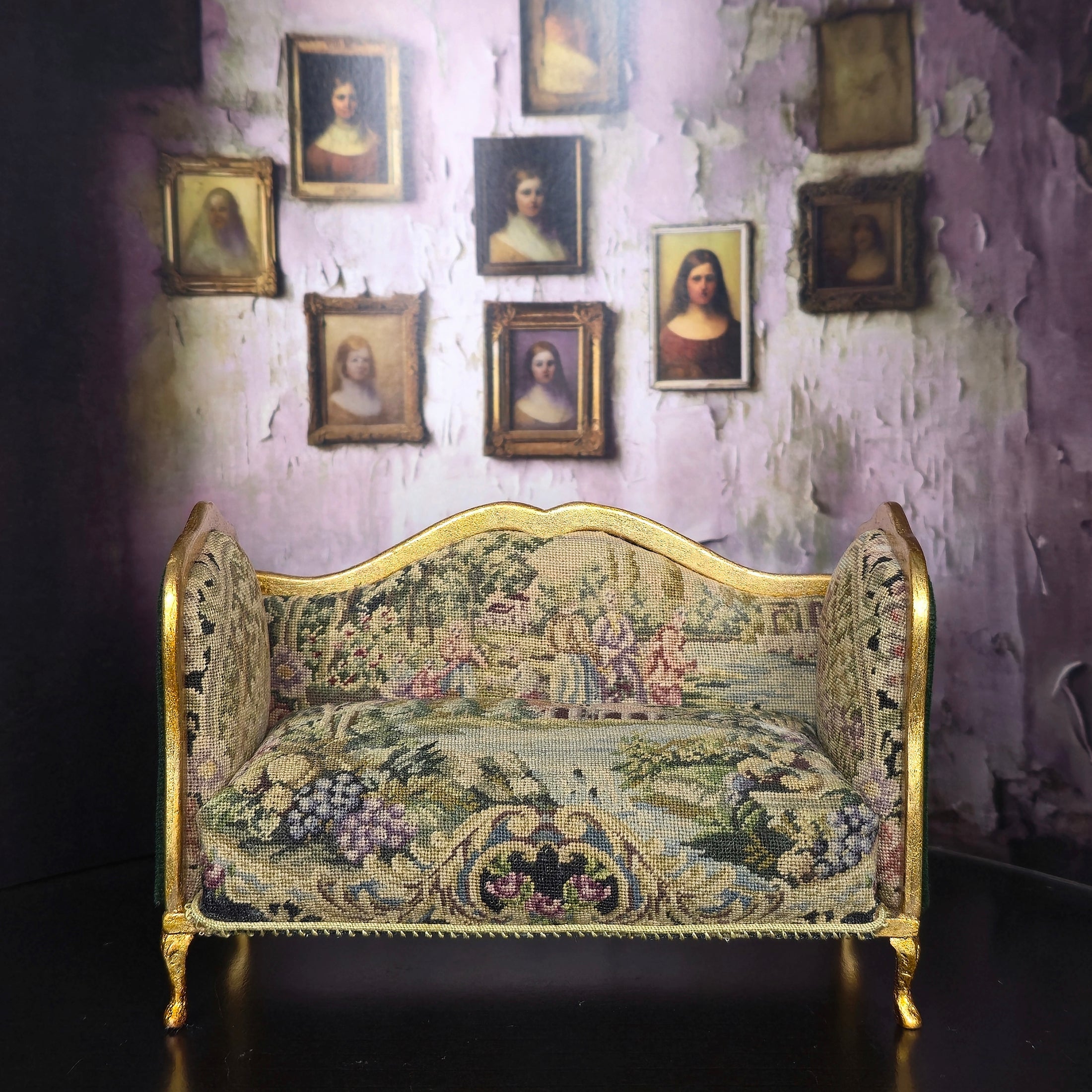 June Clinkscales Victorian Tapestry Settee Dollhouse Miniature