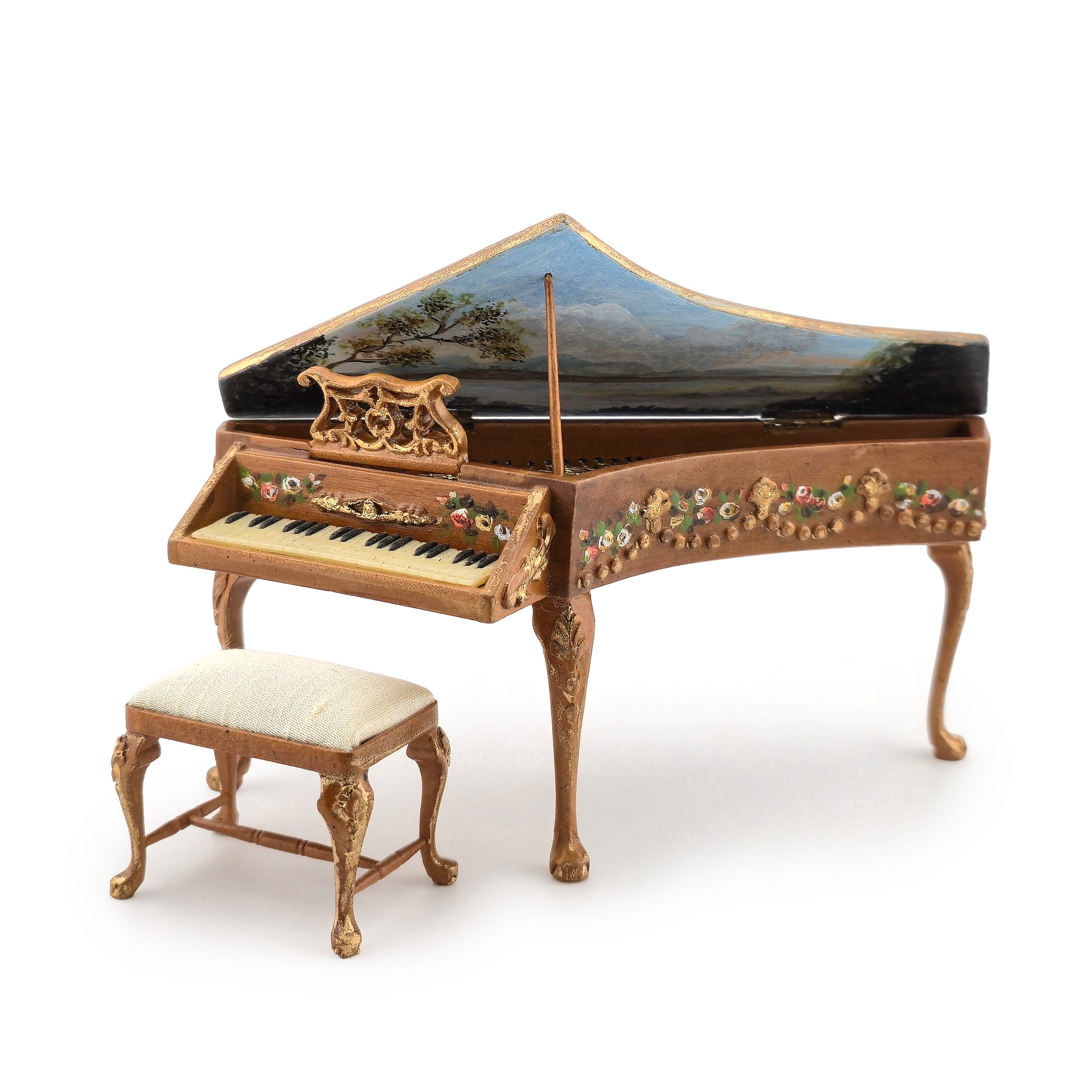H. O’Keefe Hand Painted Floral Harpsichord with Silk Bench Dollhouse Piano