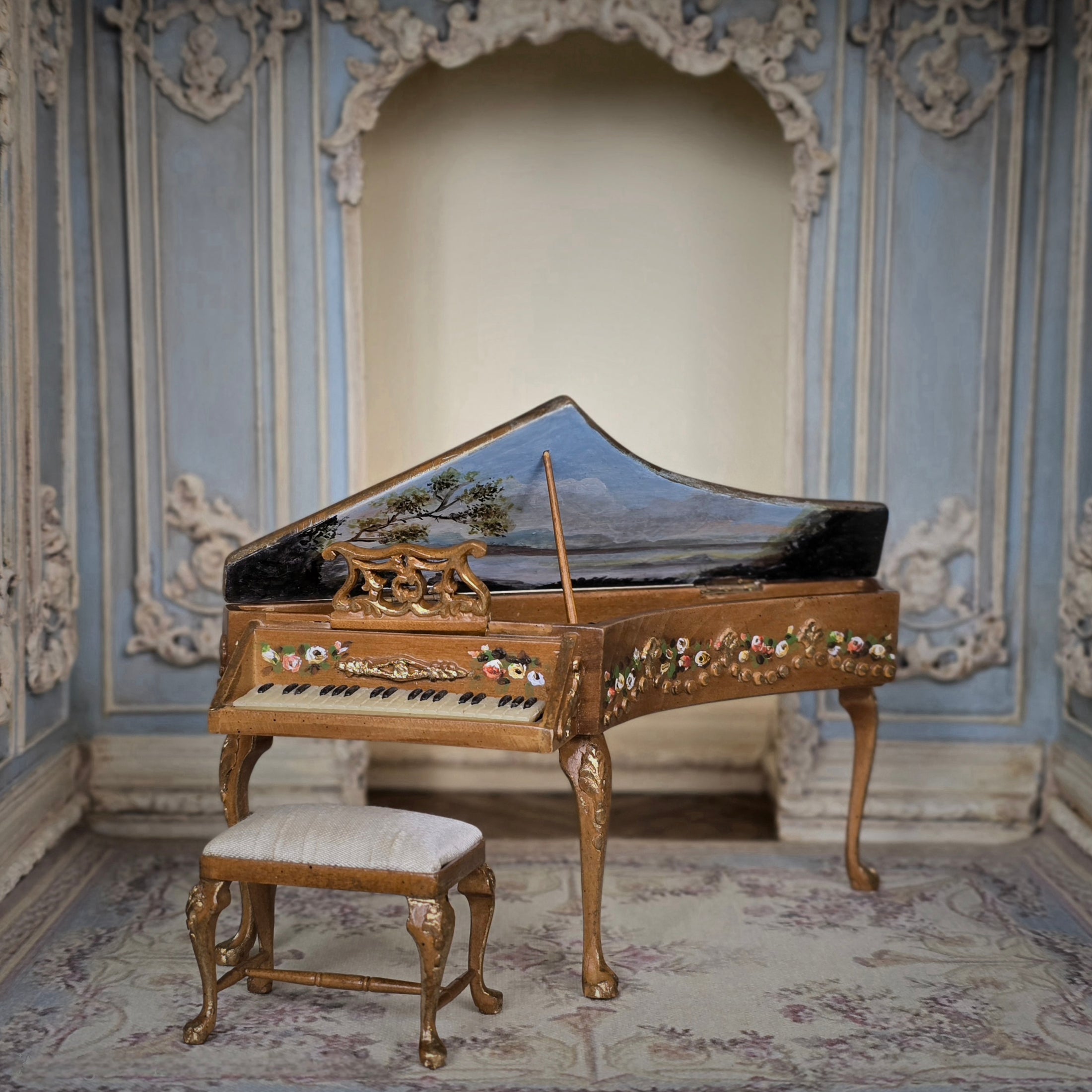 H. O’Keefe Hand Painted Floral Harpsichord with Silk Bench Dollhouse Piano
