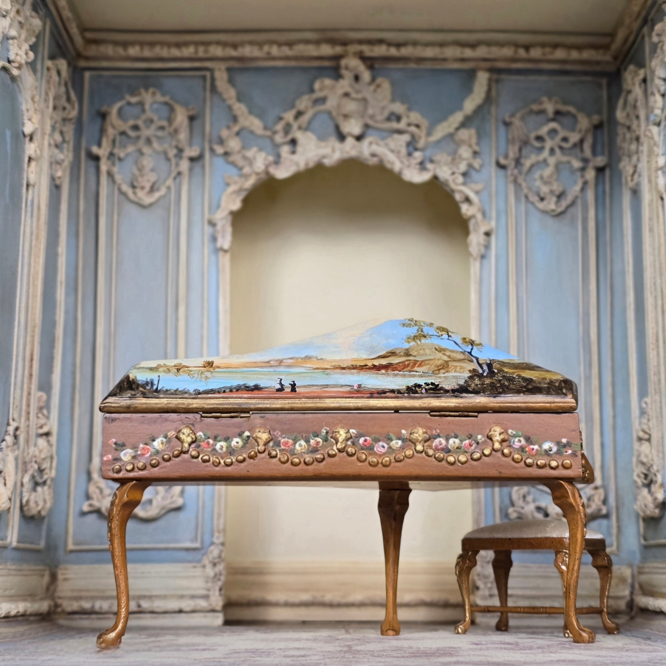 H. O’Keefe Hand Painted Floral Harpsichord with Silk Bench Dollhouse Piano
