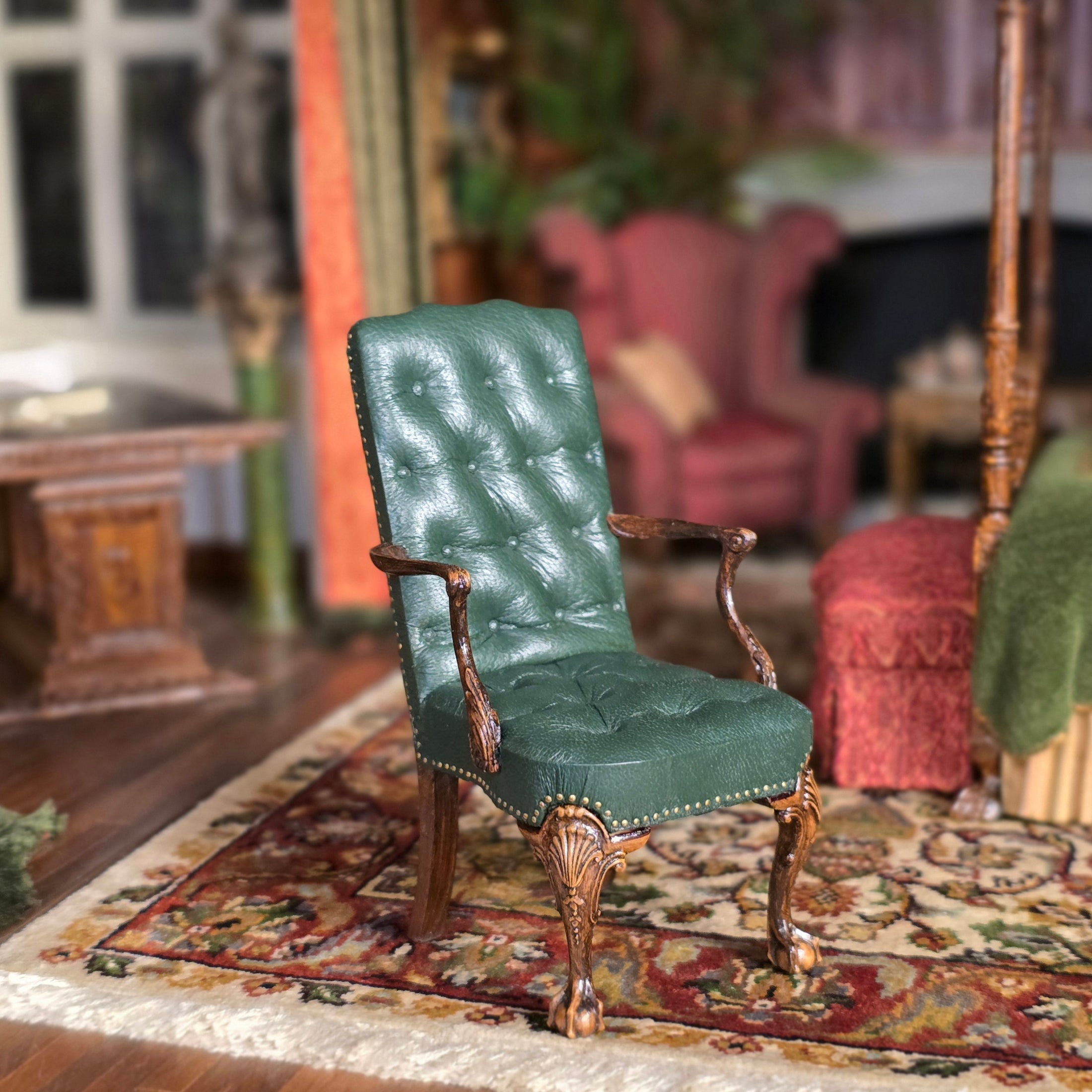 Gail Steffey Tufted Green Leather Upholstery High Back Chair RARE