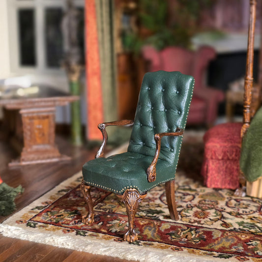 Gail Steffey Tufted Green Leather Upholstery High Back Chair RARE