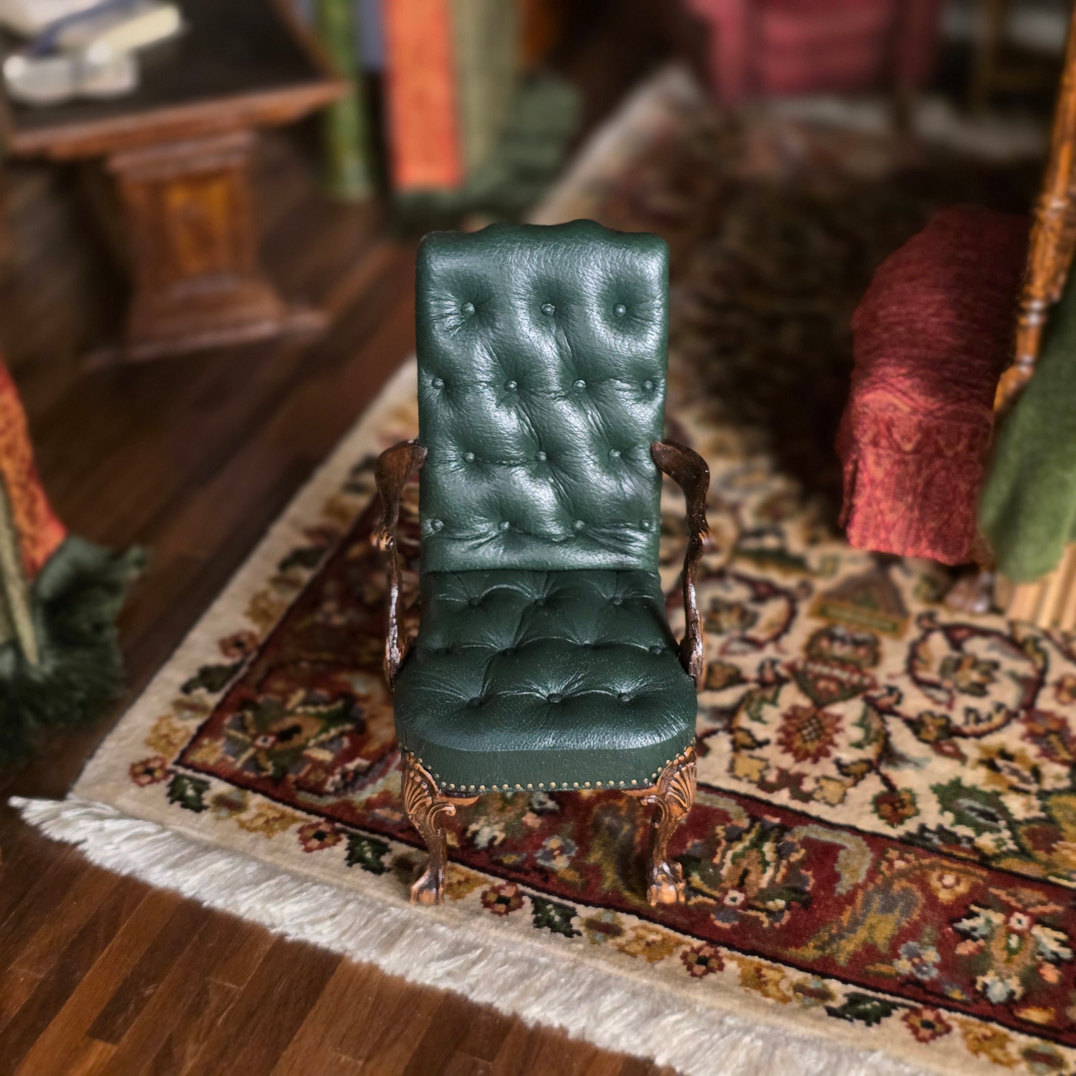 Gail Steffey Tufted Green Leather Upholstery High Back Chair RARE