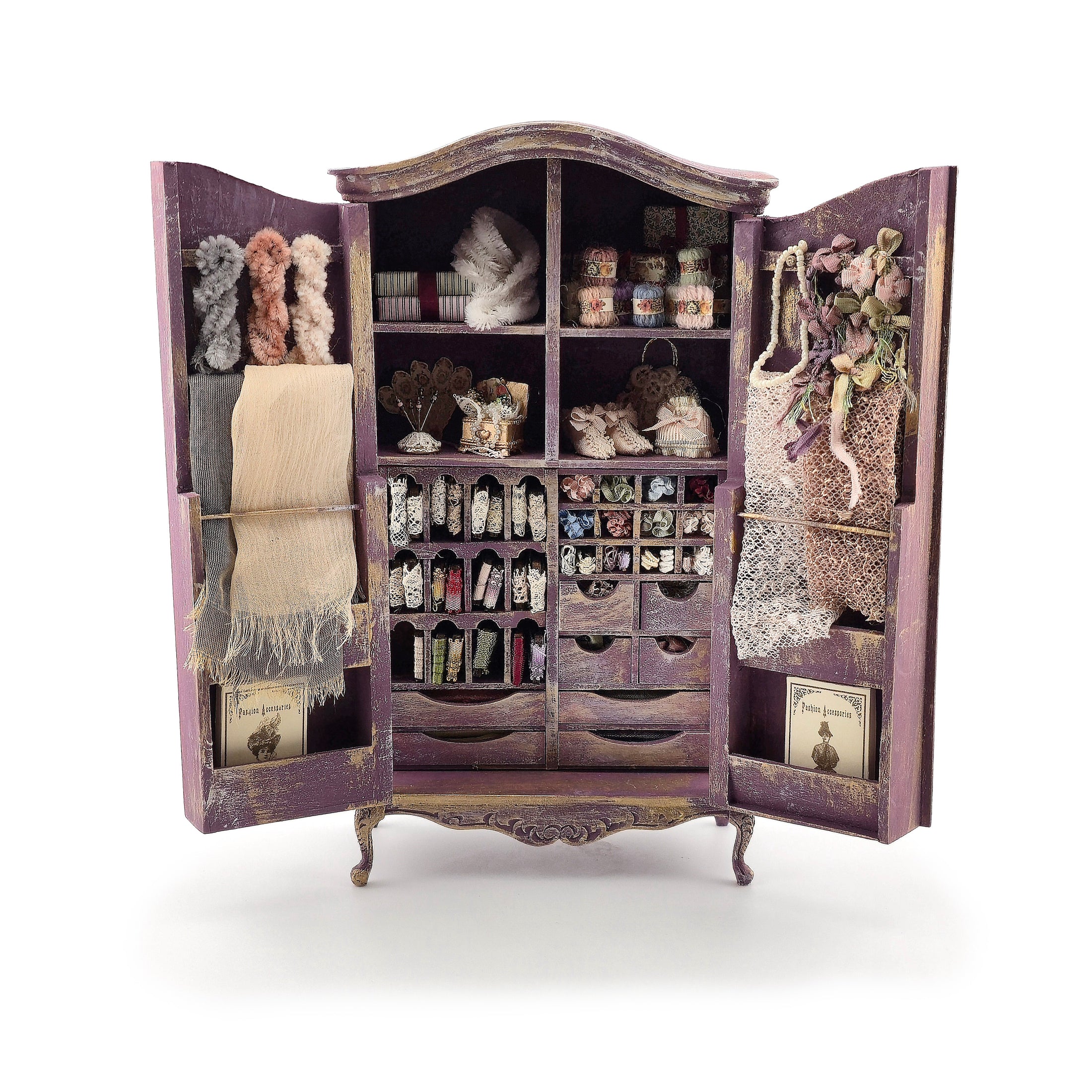 Vintage Artisan Lilac Painted Fabric Armoire Filled with Lace Notions 1:12 Scale