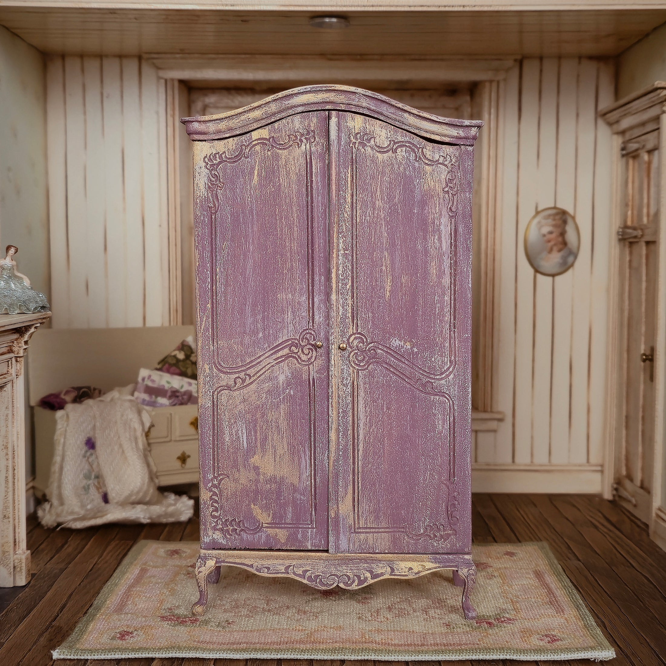 Vintage Artisan Lilac Painted Fabric Armoire Filled with Lace Notions 1:12 Scale