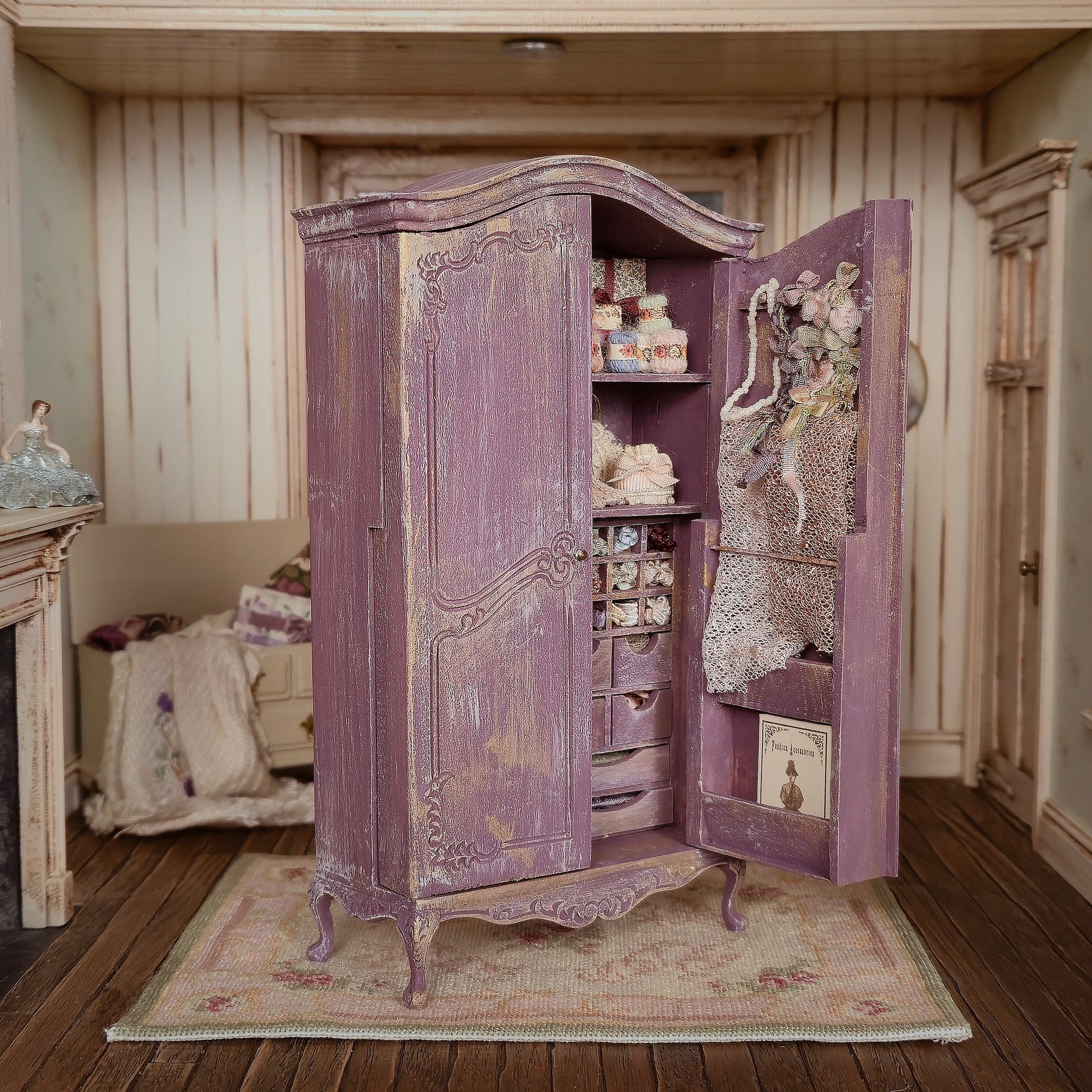 Vintage Artisan Lilac Painted Fabric Armoire Filled with Lace Notions 1:12 Scale