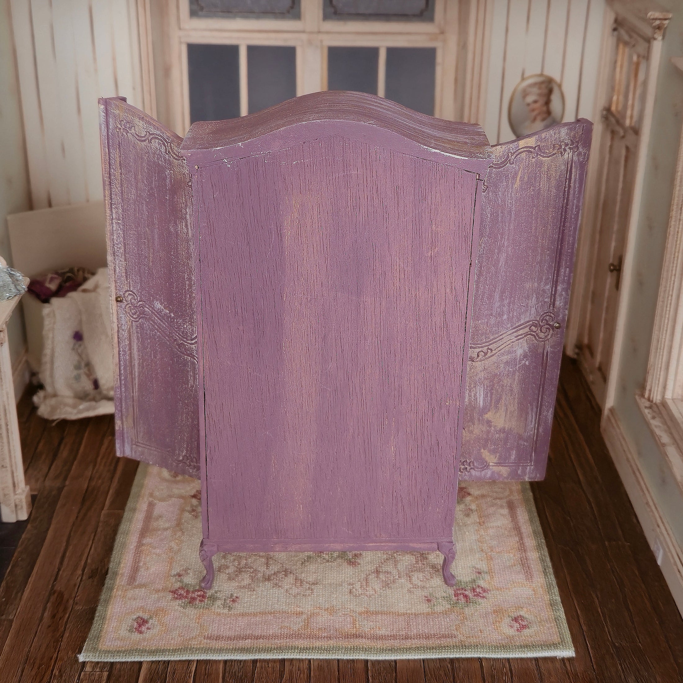 Vintage Artisan Lilac Painted Fabric Armoire Filled with Lace Notions 1:12 Scale