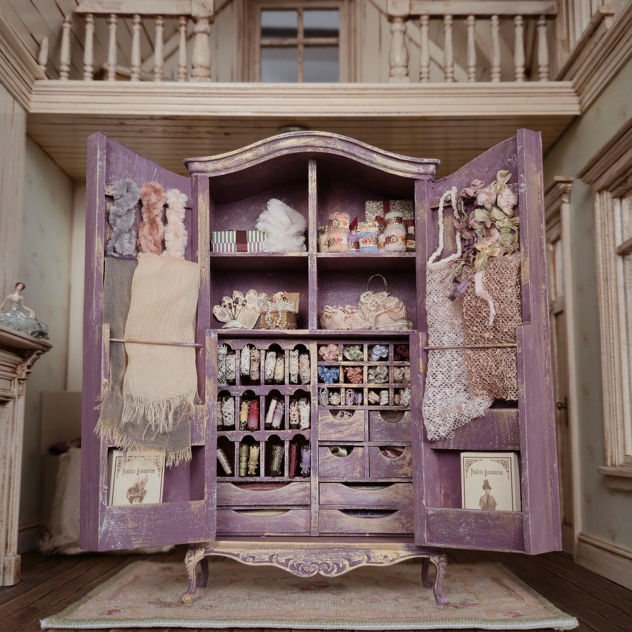 Vintage Artisan Lilac Painted Fabric Armoire Filled with Lace Notions 1:12 Scale