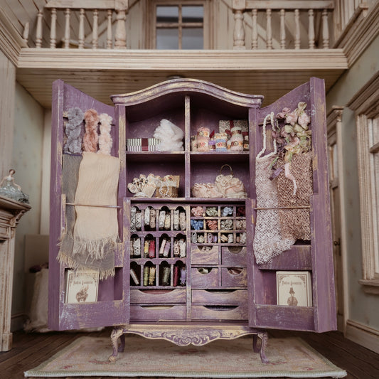 Vintage Artisan Lilac Painted Fabric Armoire Filled with Lace Notions 1:12 Scale