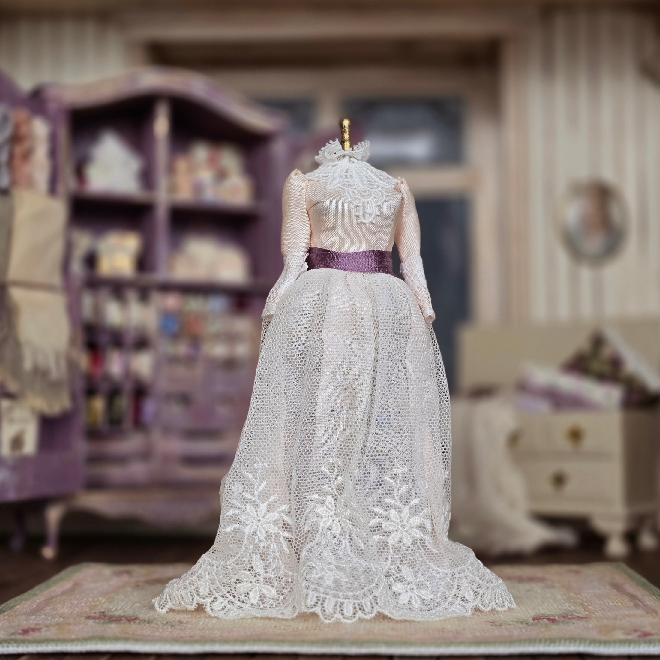 Vintage Artisan Victorian Ladies' Dress on Display Mannequin Lace Blush Silk