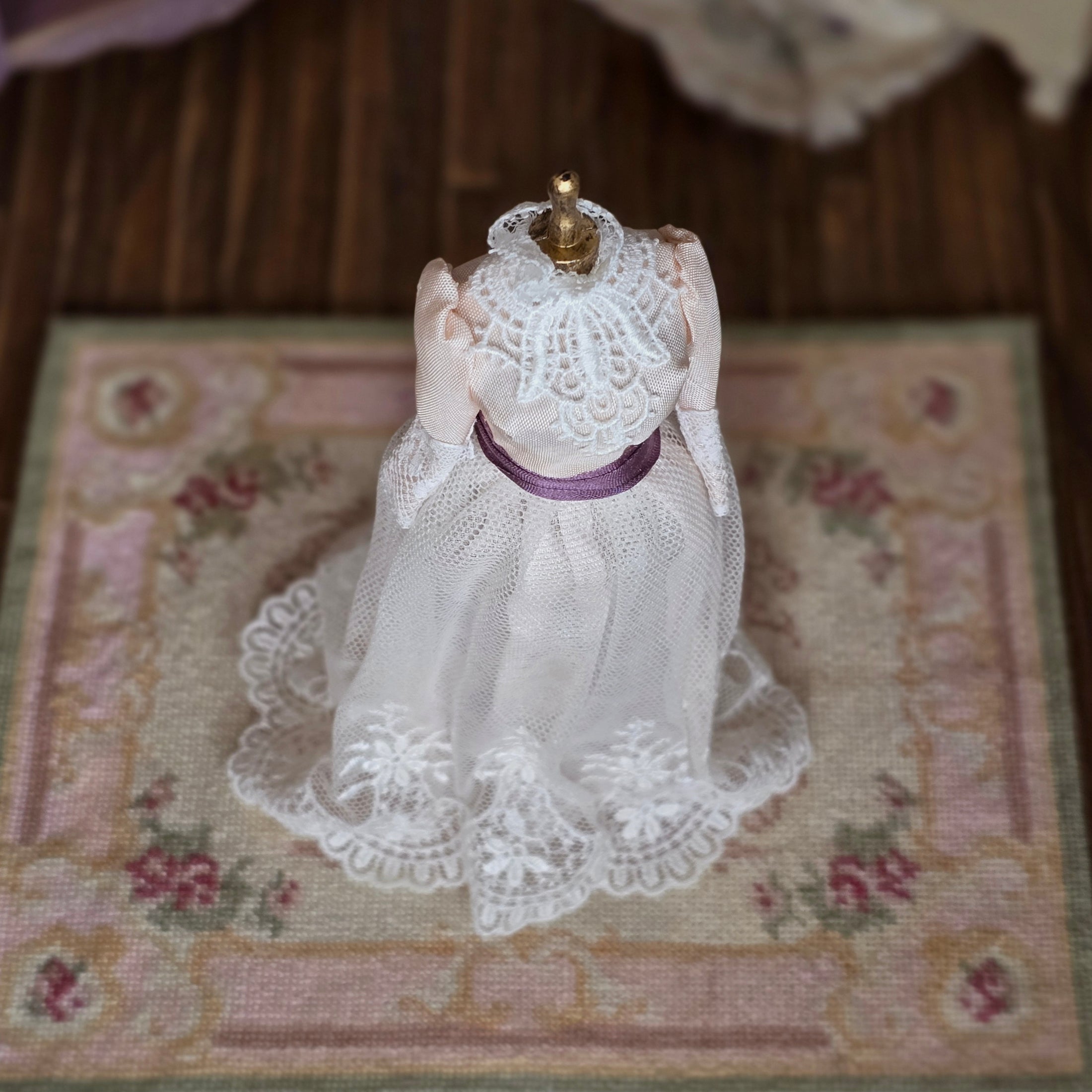 Vintage Artisan Victorian Ladies' Dress on Display Mannequin Lace Blush Silk