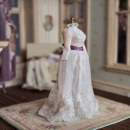 Vintage Artisan Victorian Ladies' Dress on Display Mannequin Lace Blush Silk