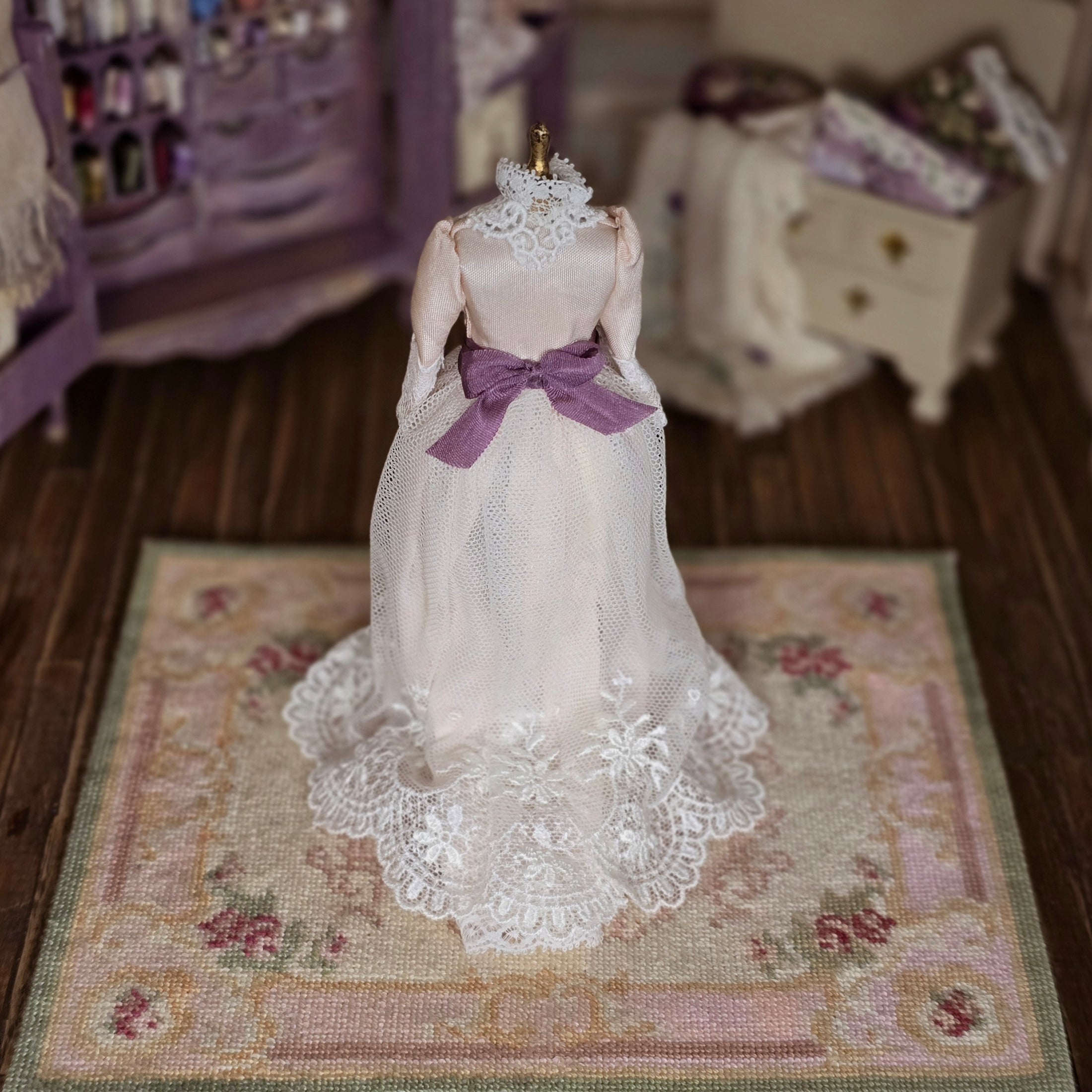 Vintage Artisan Victorian Ladies' Dress on Display Mannequin Lace Blush Silk