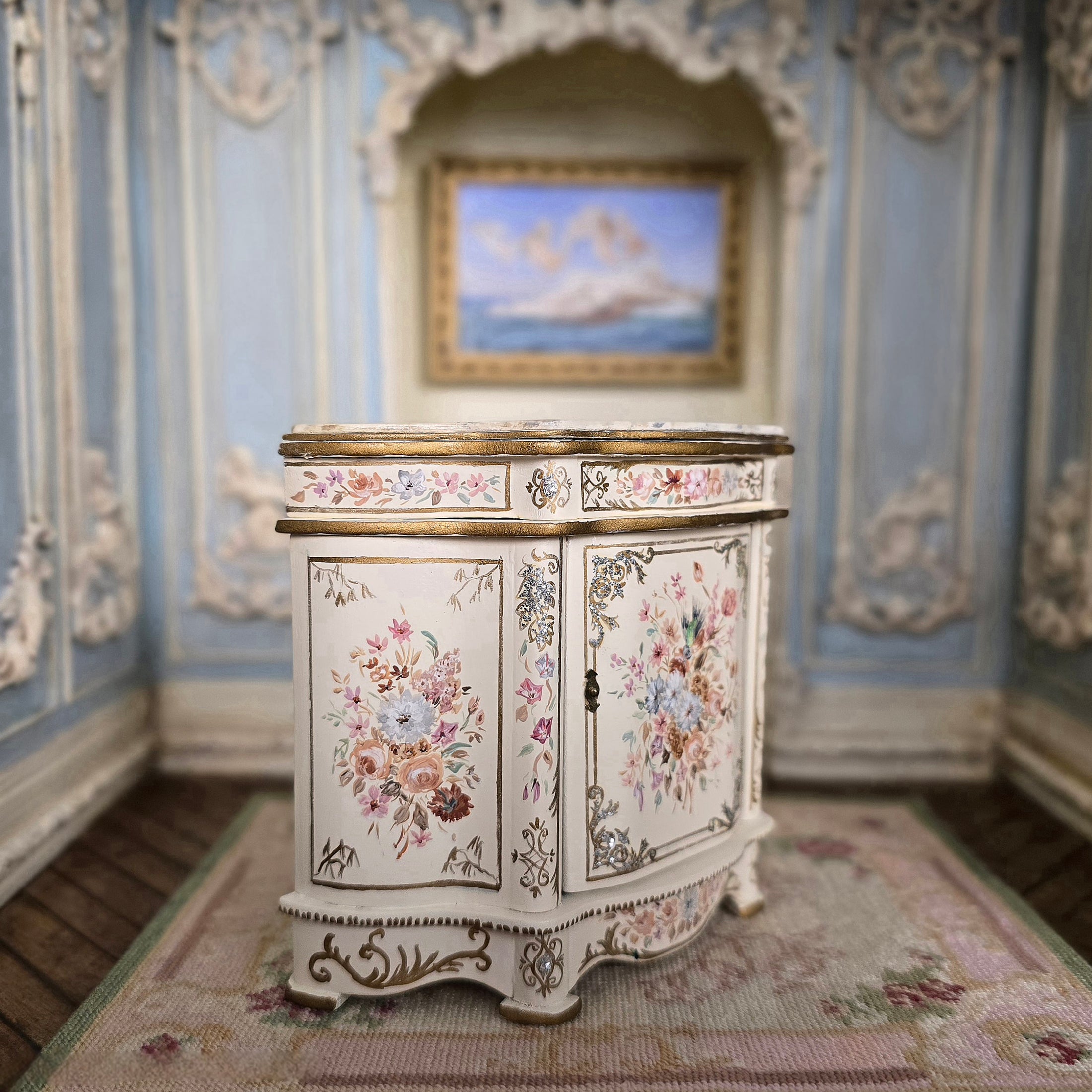 Renee Isabelle Miniature Hand Painted Cabinet Faux Marble Top Signed 1990