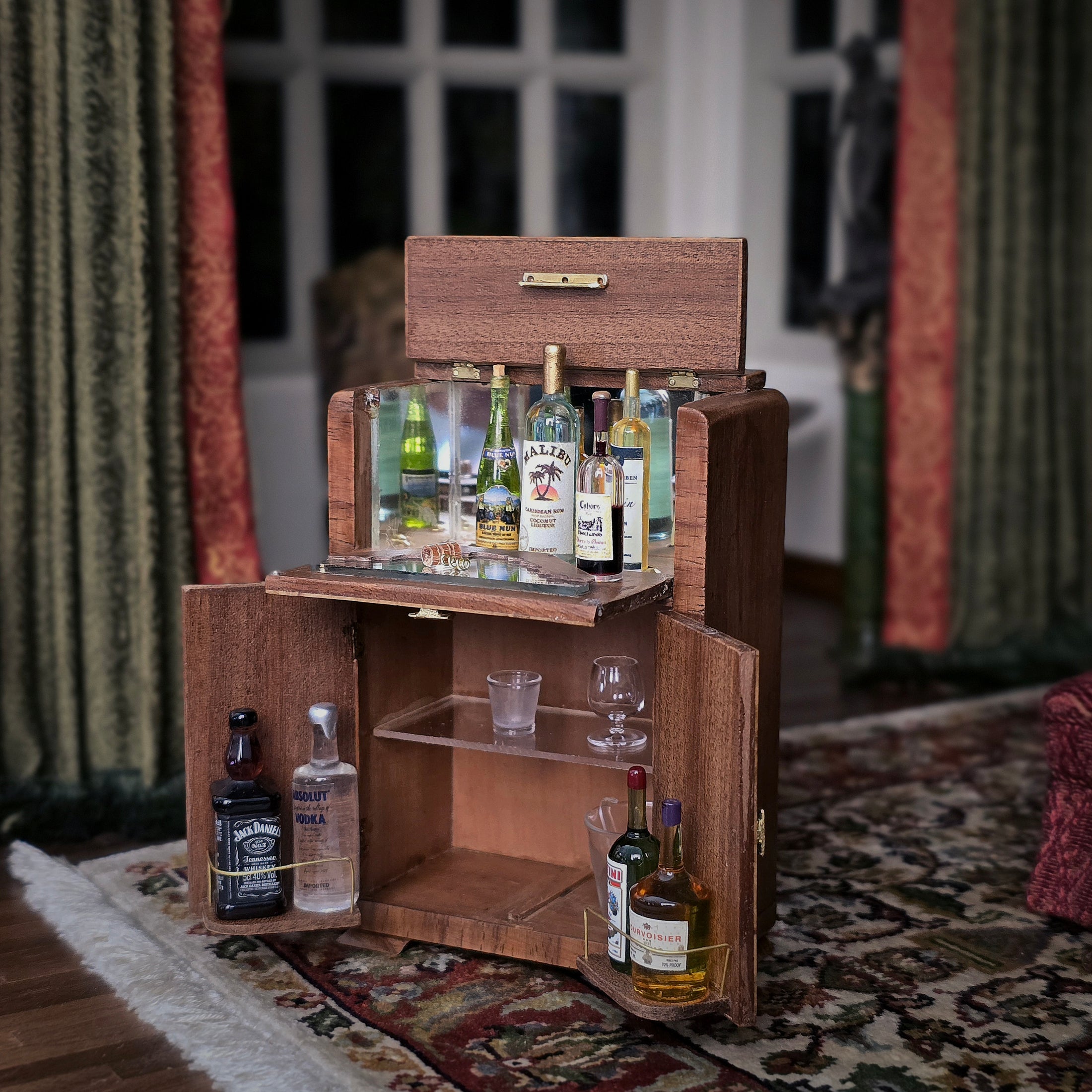 Cristina Noriega Art Deco Miniature Bar Cabinet Burl Wood & Glass IGMA
