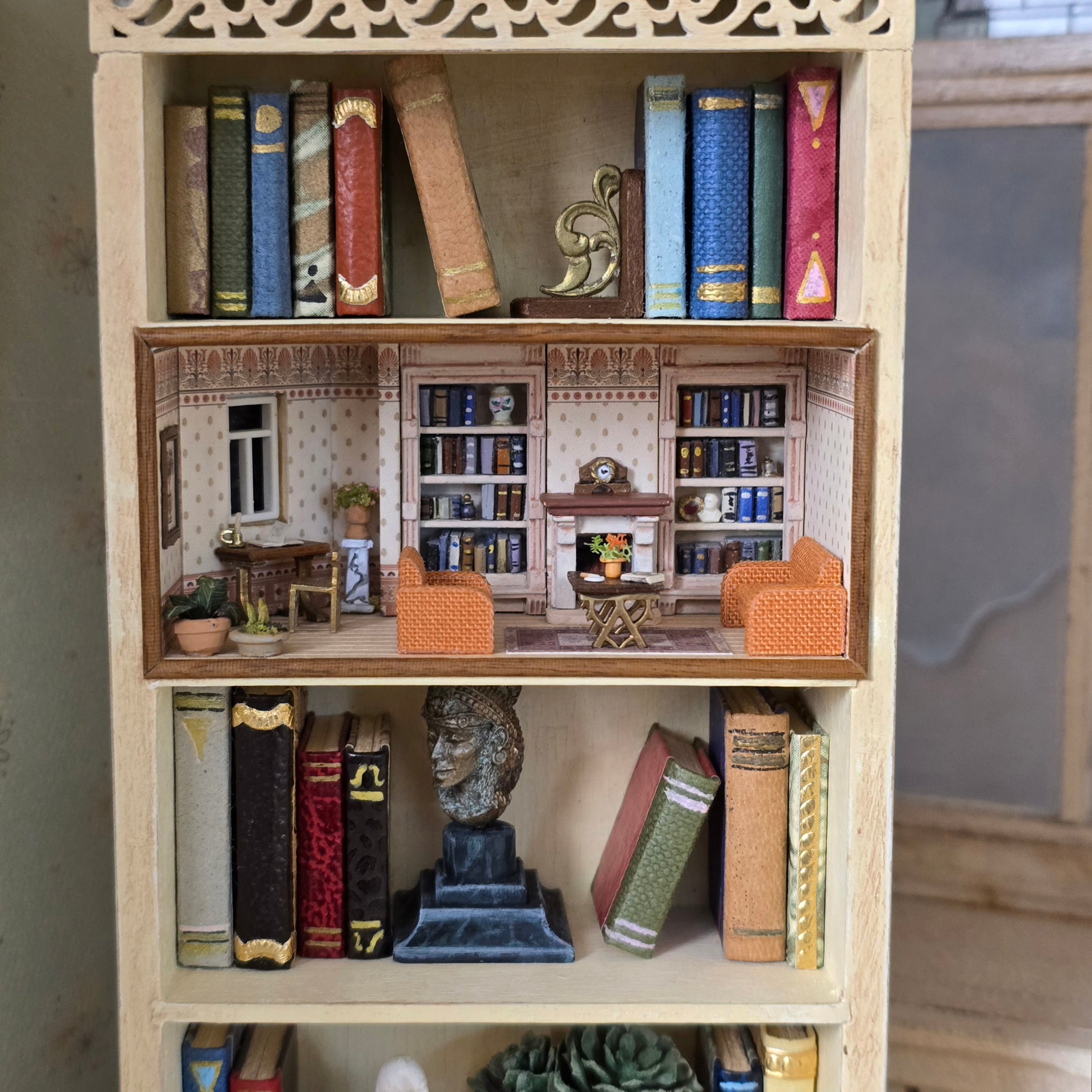 Japanese Artisan Miniature Bookcase with a Tiny Room Inside 1:12 OOAK