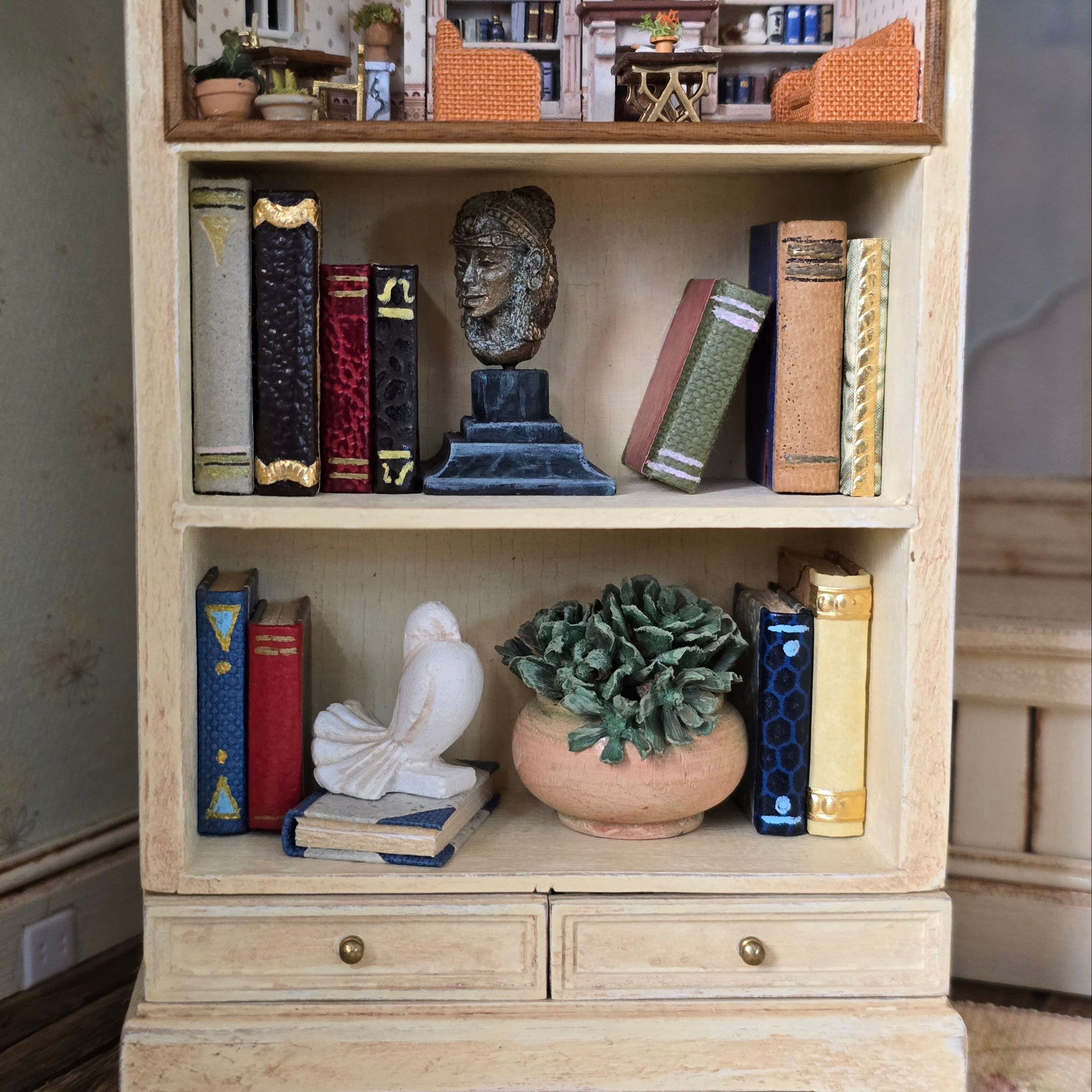 Japanese Artisan Miniature Bookcase with a Tiny Room Inside 1:12 OOAK