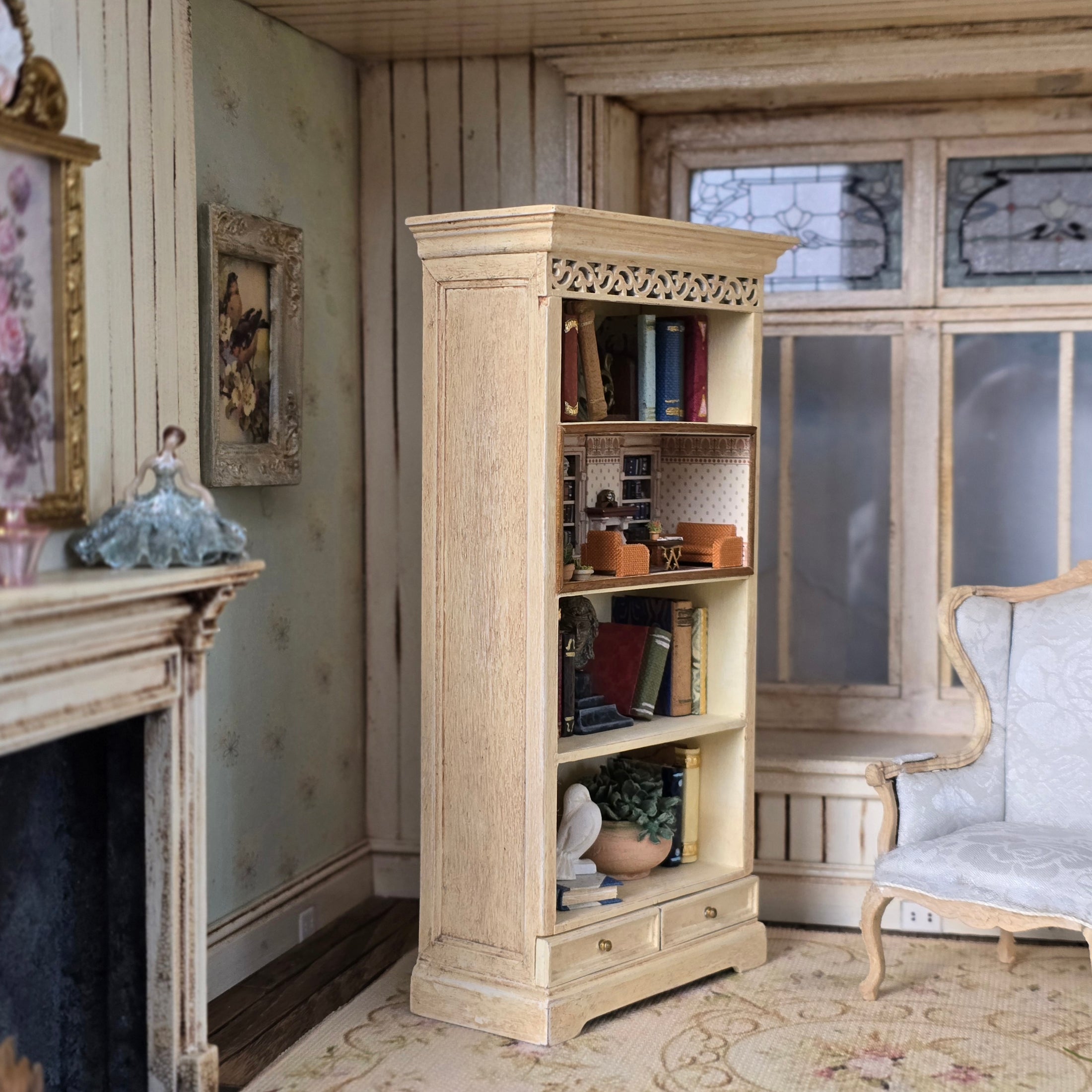 Japanese Artisan Miniature Bookcase with a Tiny Room Inside 1:12 OOAK