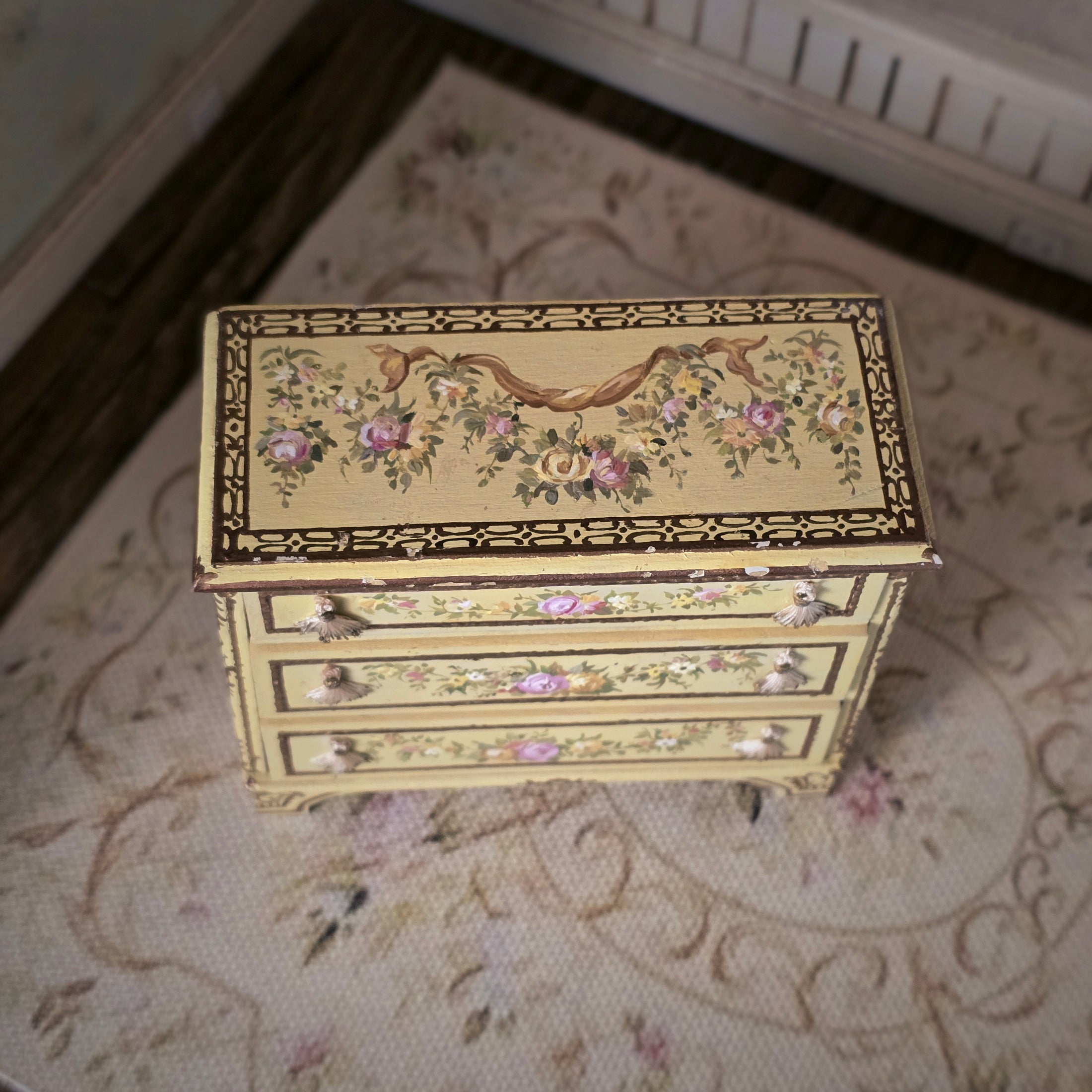 French Hand Painted Miniature Chest with Tassels Renee Isabelle 1:12