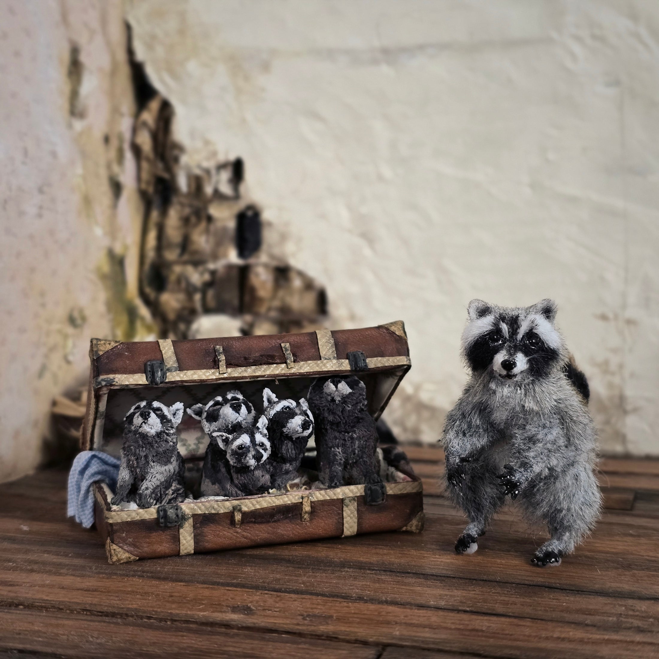 OOAK Miniature Raccoon Family Suitcase Vignette Artisan Made