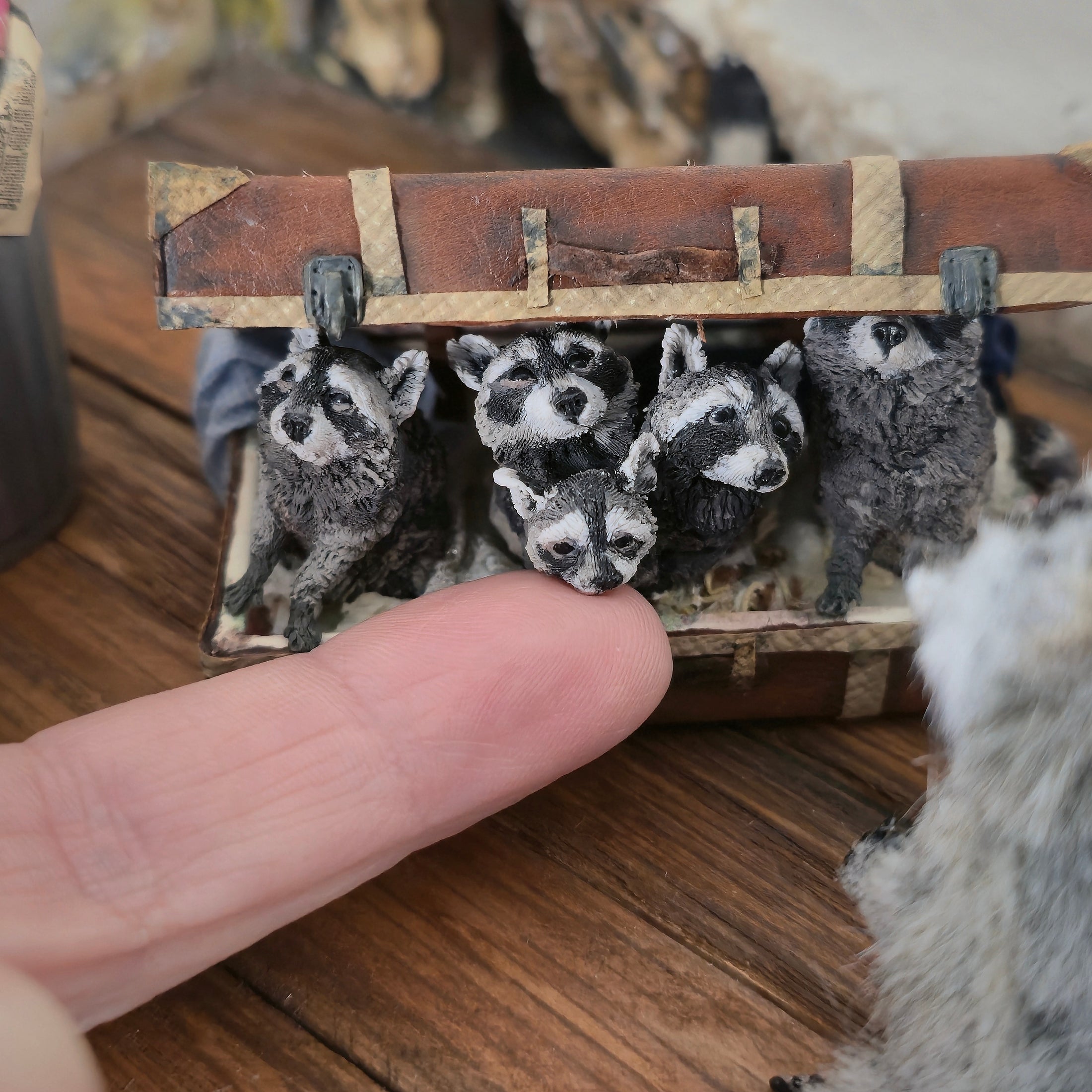 OOAK Miniature Raccoon Family Suitcase Vignette Artisan Made