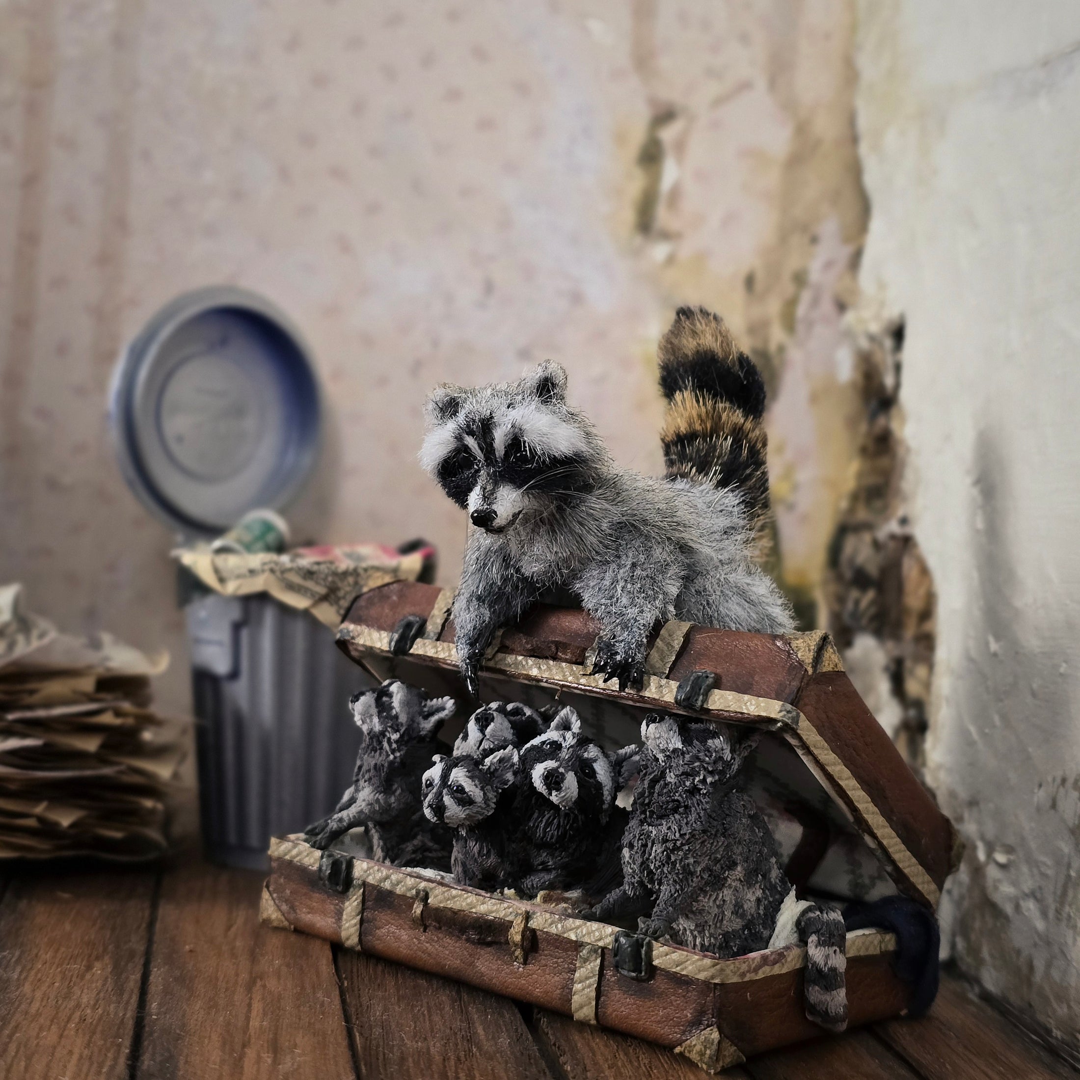 OOAK Miniature Raccoon Family Suitcase Vignette Artisan Made