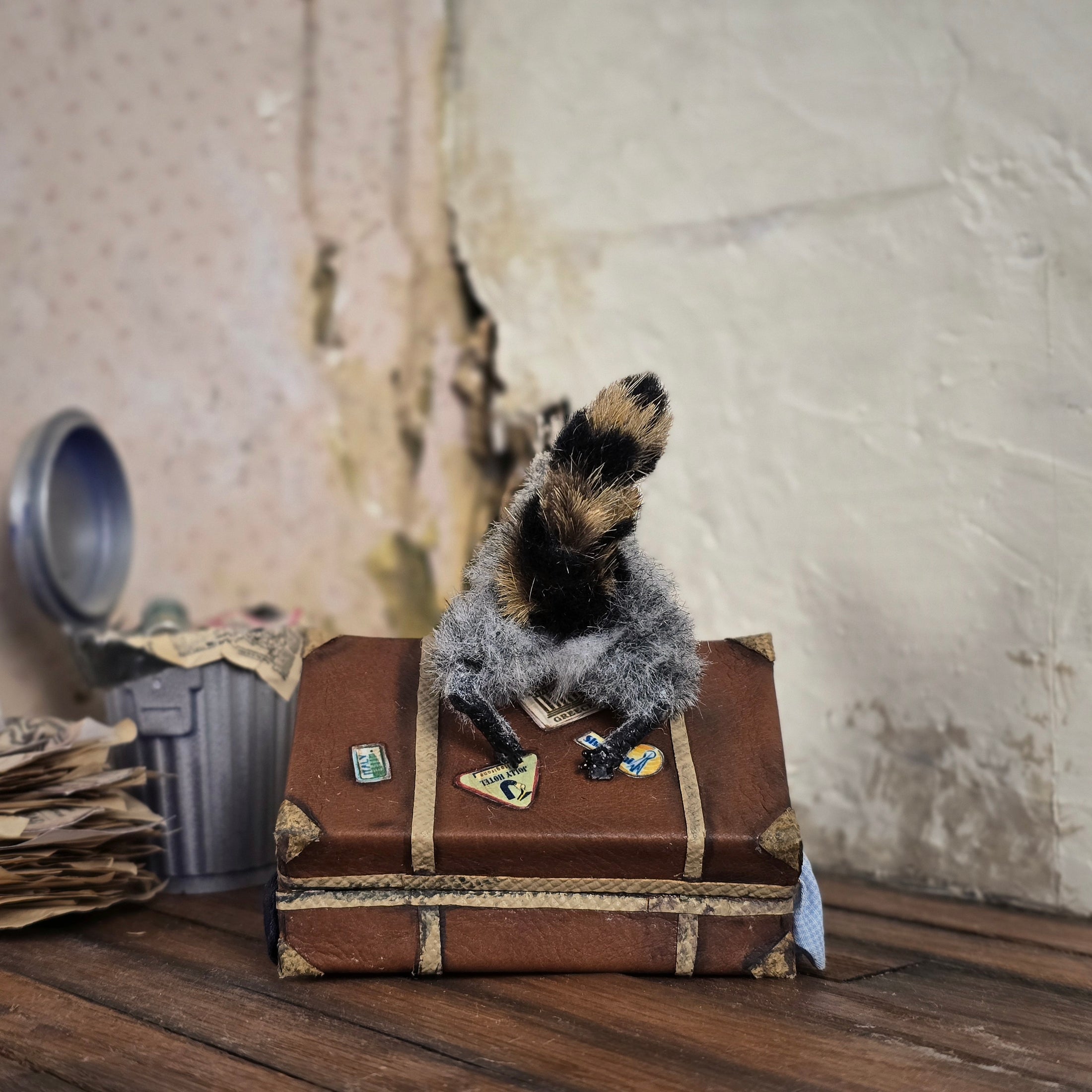 OOAK Miniature Raccoon Family Suitcase Vignette Artisan Made