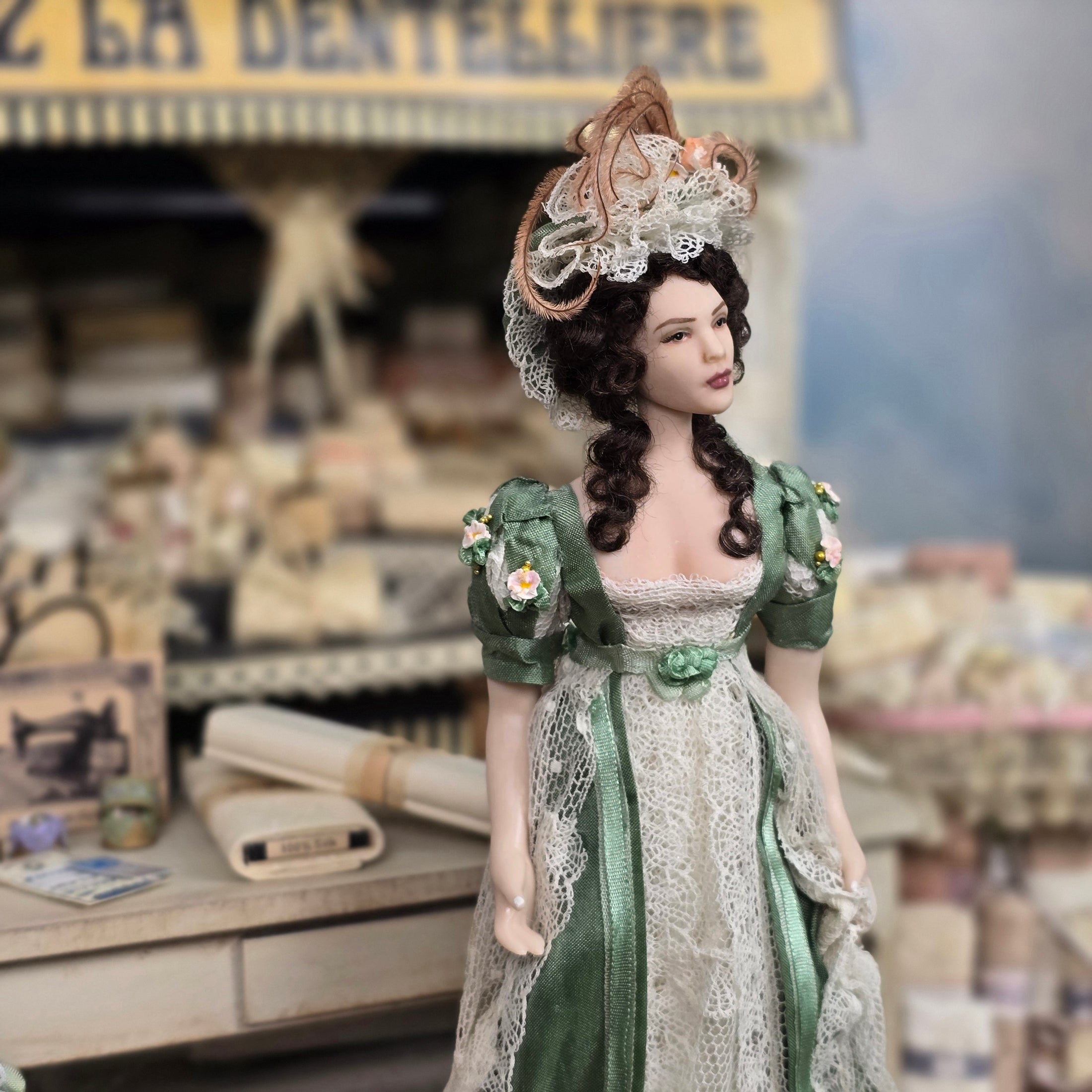 OOAK Dana Burton Porcelain Lady Doll in Green Silk Regency Gown – Magpie  Miniatures