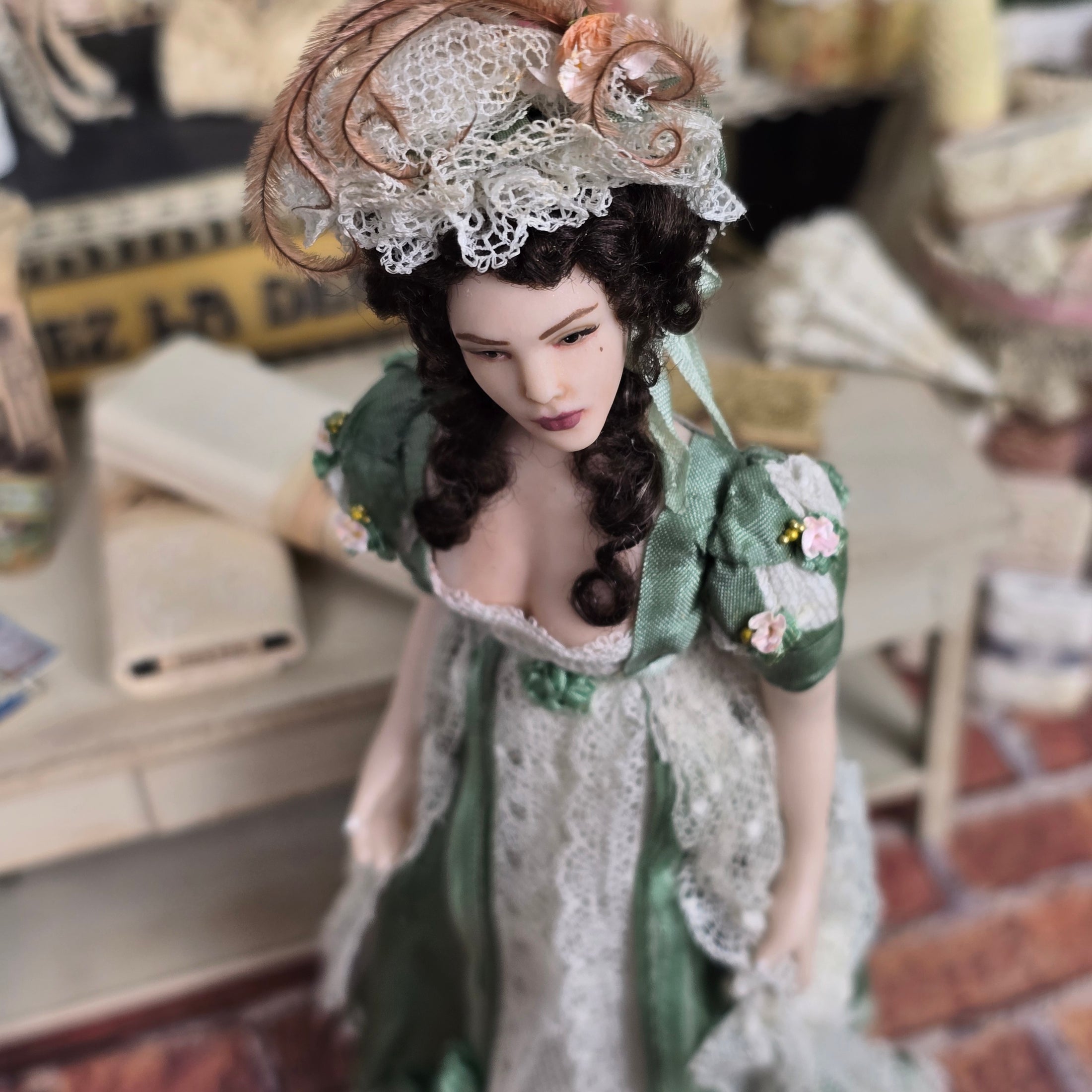 OOAK Dana Burton Porcelain Lady Doll in Green Silk Regency Gown