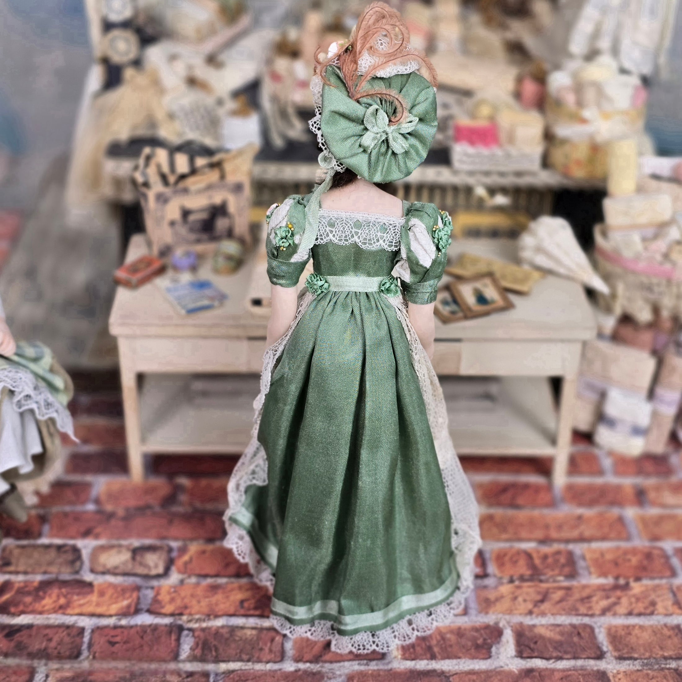 OOAK Dana Burton Porcelain Lady Doll in Green Silk Regency Gown Magpie Miniatures OOAK Dana Burton Porcelain Lady Doll in Green Silk Regency Gown Magpie Miniatures