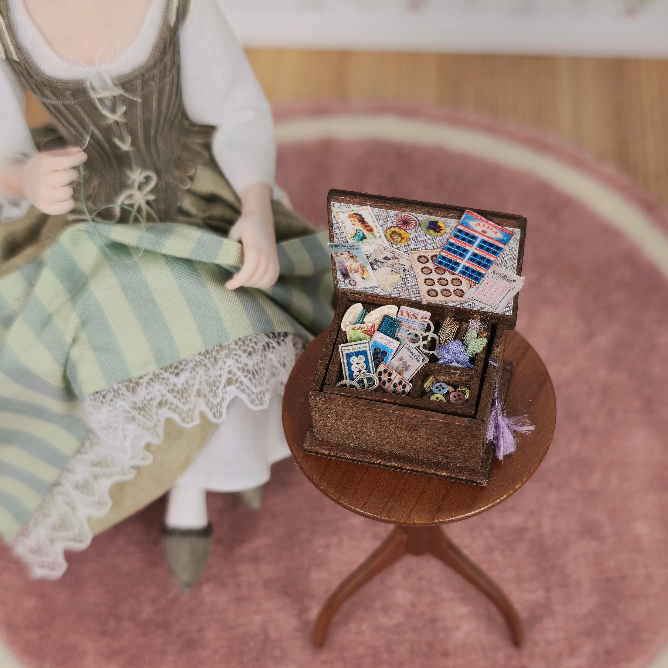 OOAK Miniature Sewing Box With Notions Artisan Dollhouse Accessory