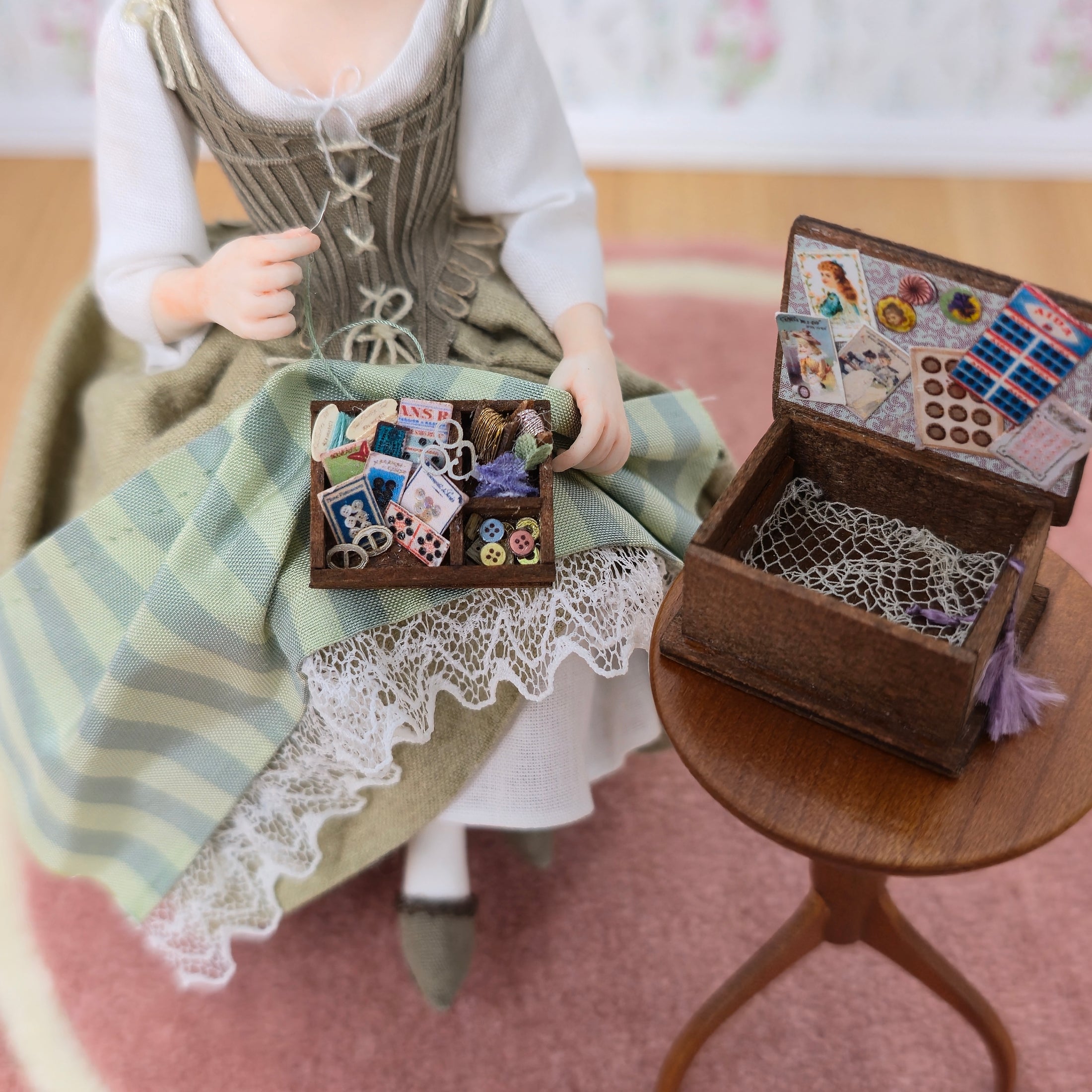 OOAK Miniature Sewing Box With Notions Artisan Dollhouse Accessory