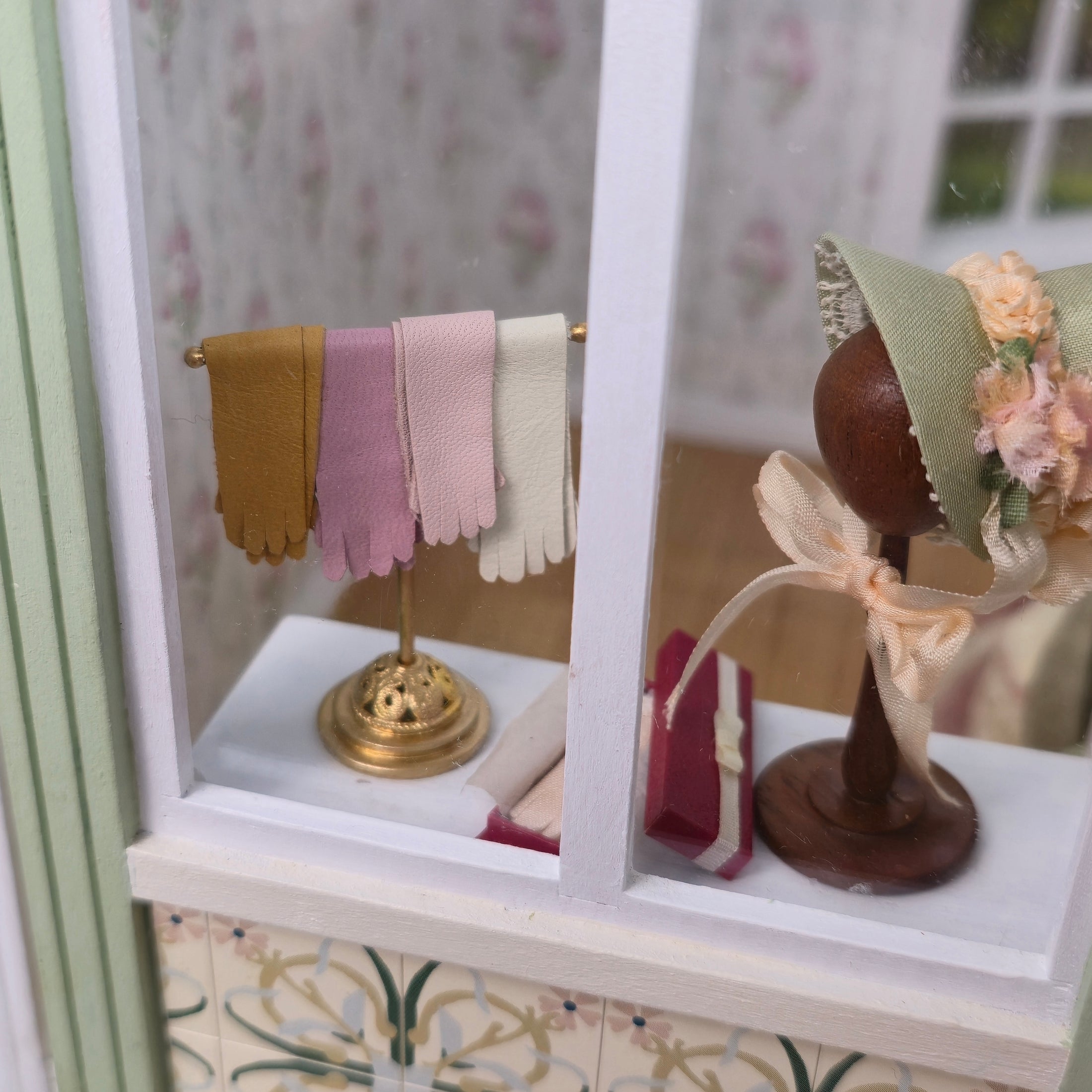 Miniature Glove Display Stand With Leather Gloves Dollhouse Accessory