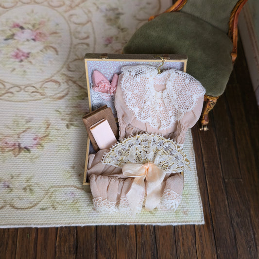 Miniature Victorian Travel Suitcase with Ladies' Wardrobe Vignette 1:12 Scale
