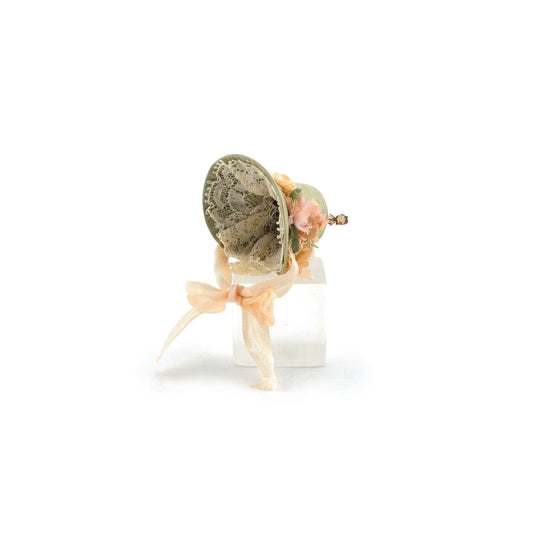 Sage & Peach Miniature Silk Victorian Bonnet with Jeweled Hat Pin 1:12 Scale