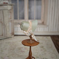 Load image into Gallery viewer, Sage & Peach Miniature Silk Victorian Bonnet with Jeweled Hat Pin 1:12 Scale
