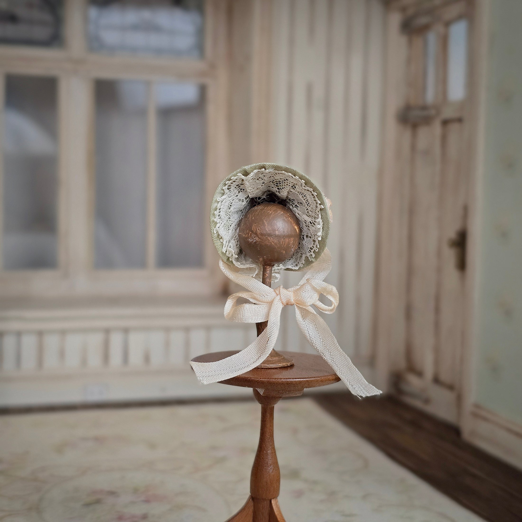 Sage & Peach Miniature Silk Victorian Bonnet with Jeweled Hat Pin 1:12 Scale