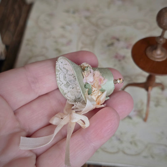 Sage & Peach Miniature Silk Victorian Bonnet with Jeweled Hat Pin 1:12 Scale