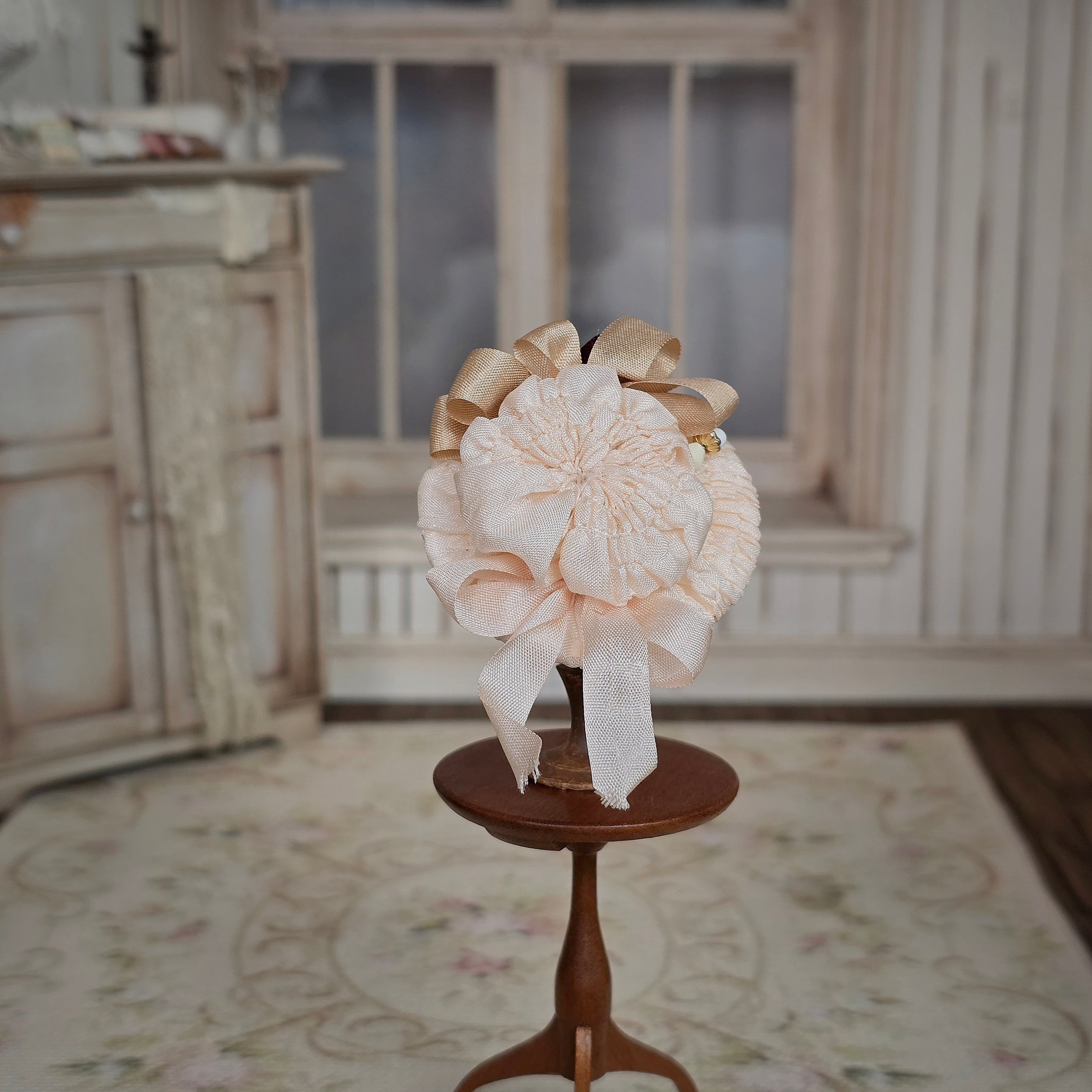 Ivory Miniature Silk Victorian Hat with Hat Pin 1:12 Scale